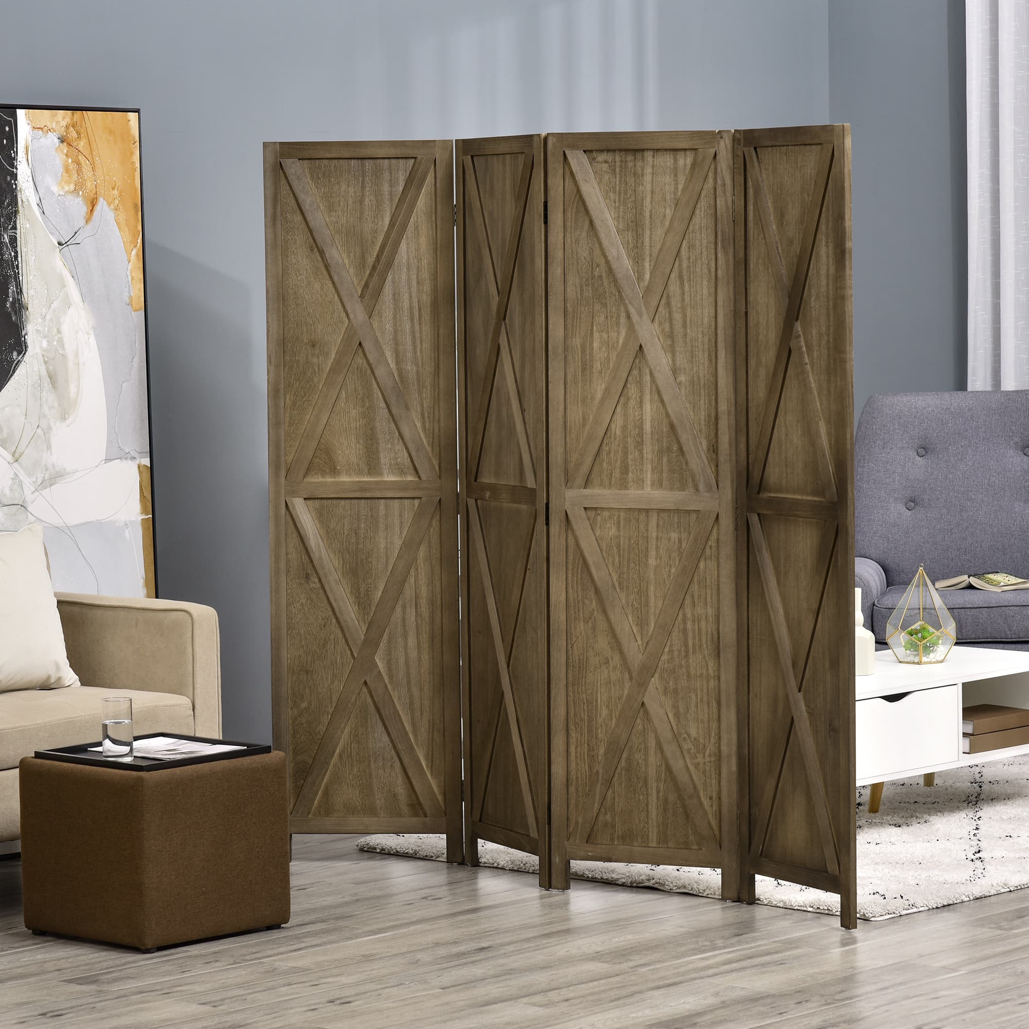 HOMCOM 4-Panel Wall Partition Farmhouse Room Separator: Foldable Design Wooden Frame 5.6FT, Brown | Aosom Canada