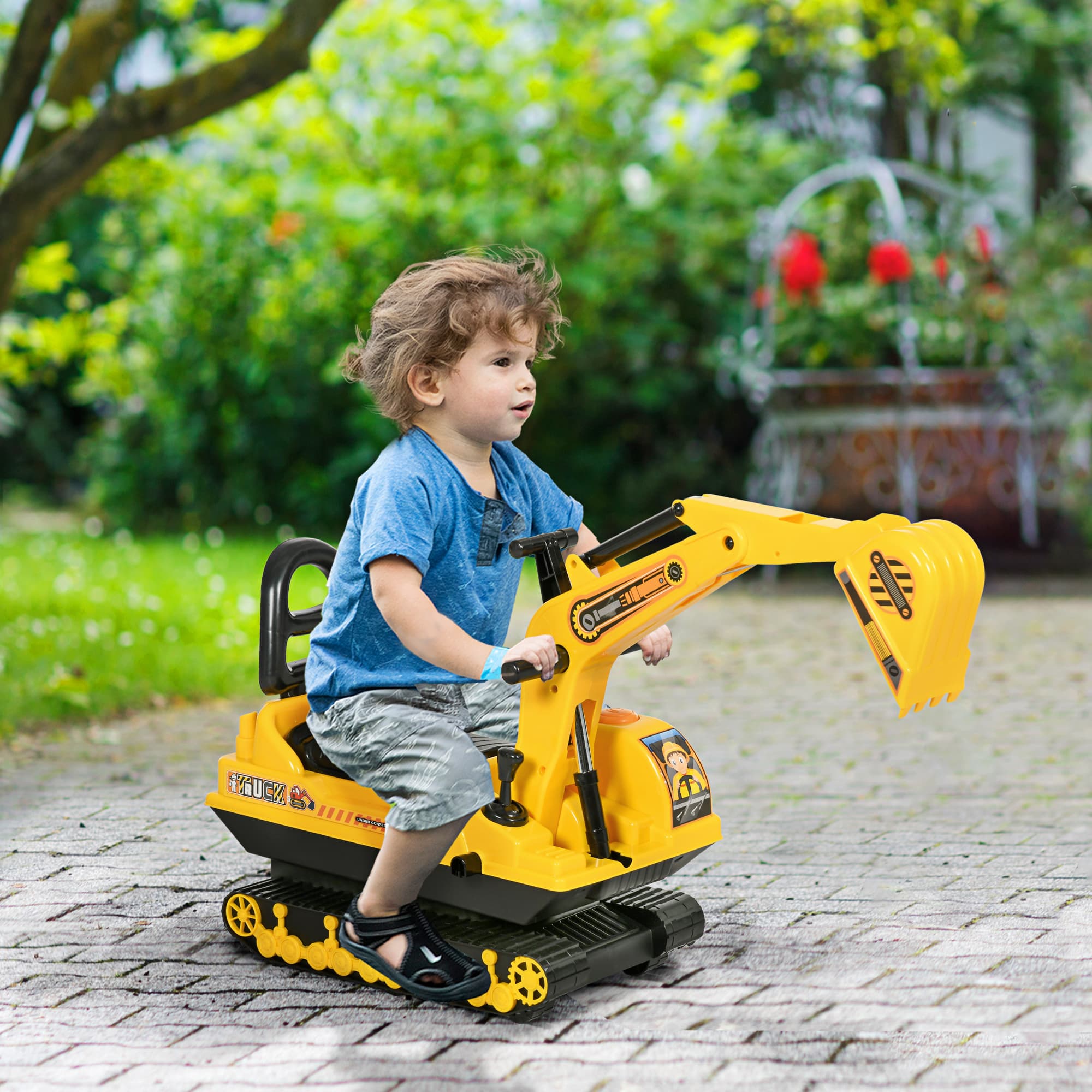 Qaba Ride On Excavator Toy Tractors Digger Movable Scooter Walker Pretend Play for Toddlers Yellow Black | Aosom Canada