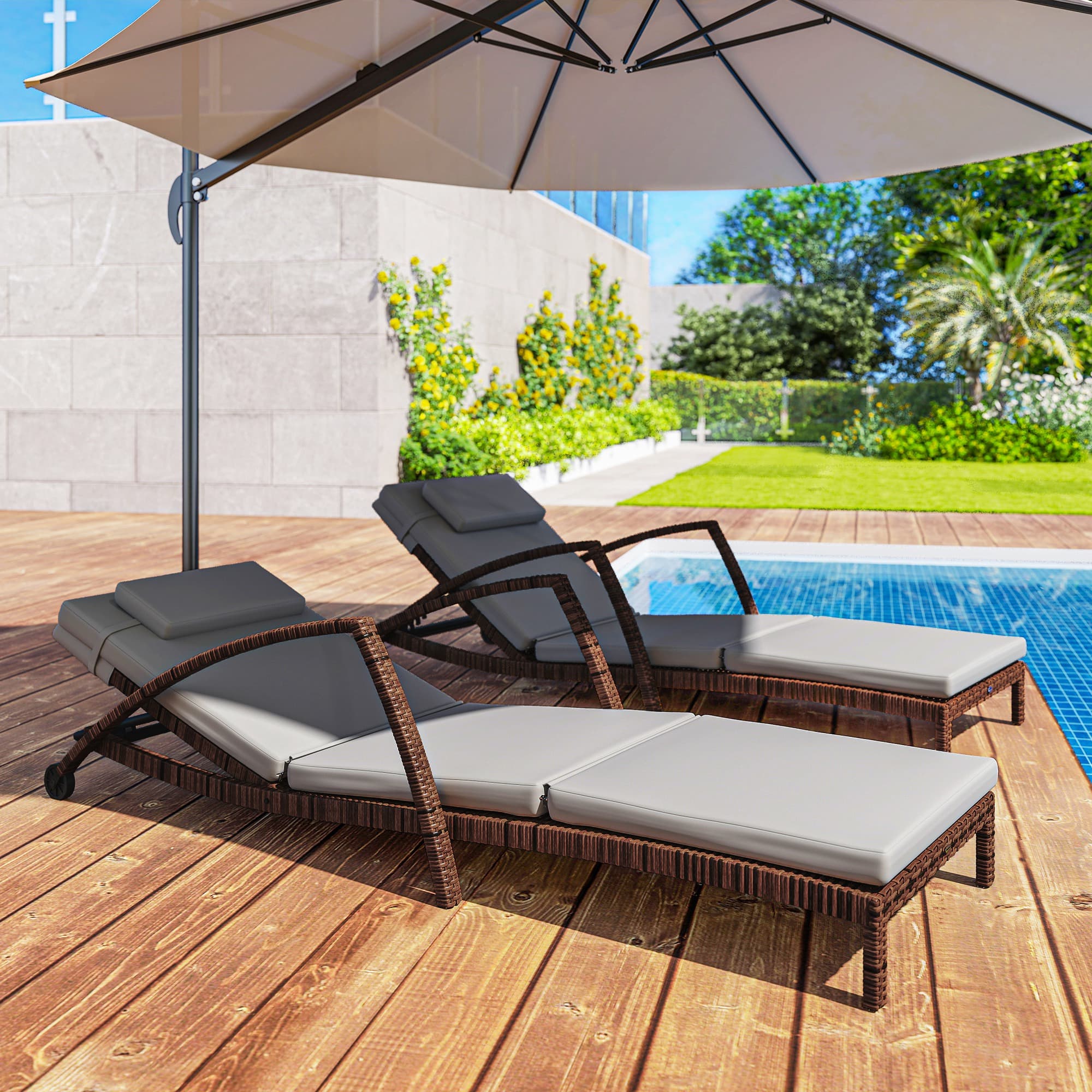 Outsunny Set of 2 Wicker Chaise Lounge Chair Outdoor Patio Lounger with 5 Adjustable Back, Wheels, Cushion and Armrests, Grey | Aosom Canada