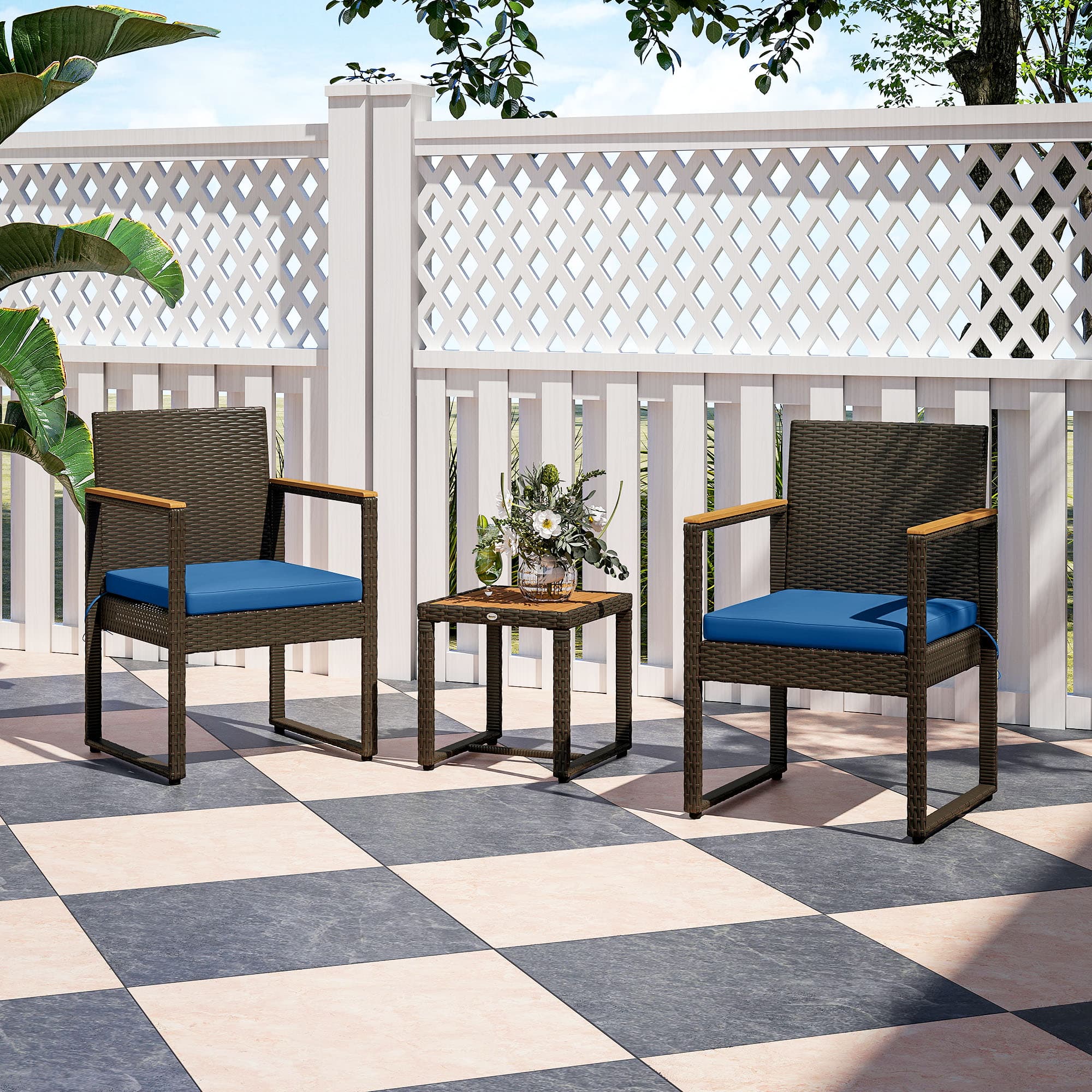 Outsunny 3 Pieces Wicker Patio Furniture Set, Rattan Bistro Set w/ Acacia Wood Table & Removable Cushions, Dark Blue | Aosom Canada