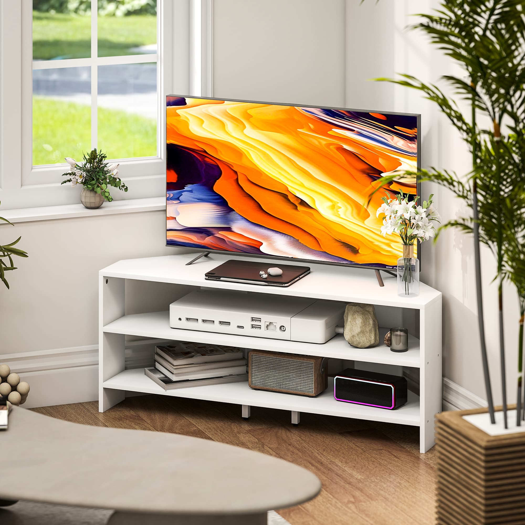 HOMCOM Corner TV Stand, Modern TV Table with 2 Open Shelves for 47 Inch TV, Entertainment Center for Living Room, White | Aosom Canada