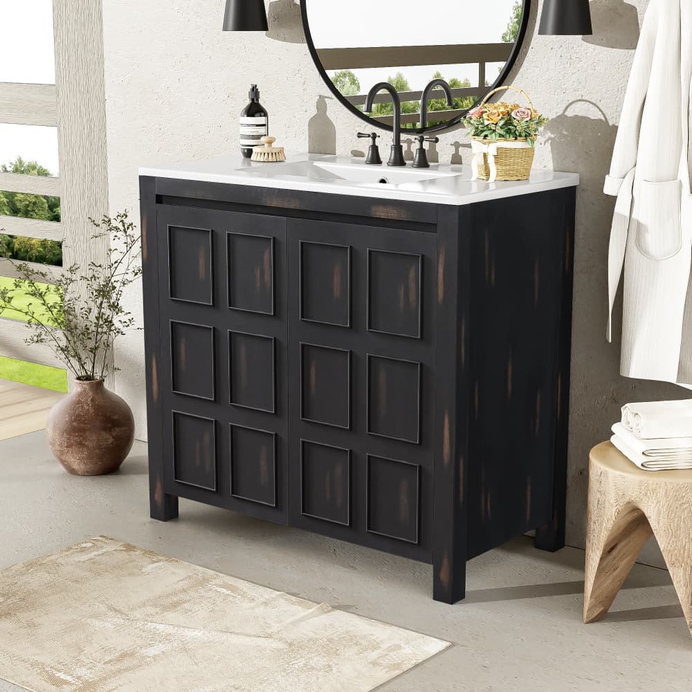 36" Bathroom Vanity with Ceramic Sink, Solid Wood Frame, Storage Cabinet with Soft Close Doors, 36" L x 18.5" W x 34" H, Espresso | Aosom Canada