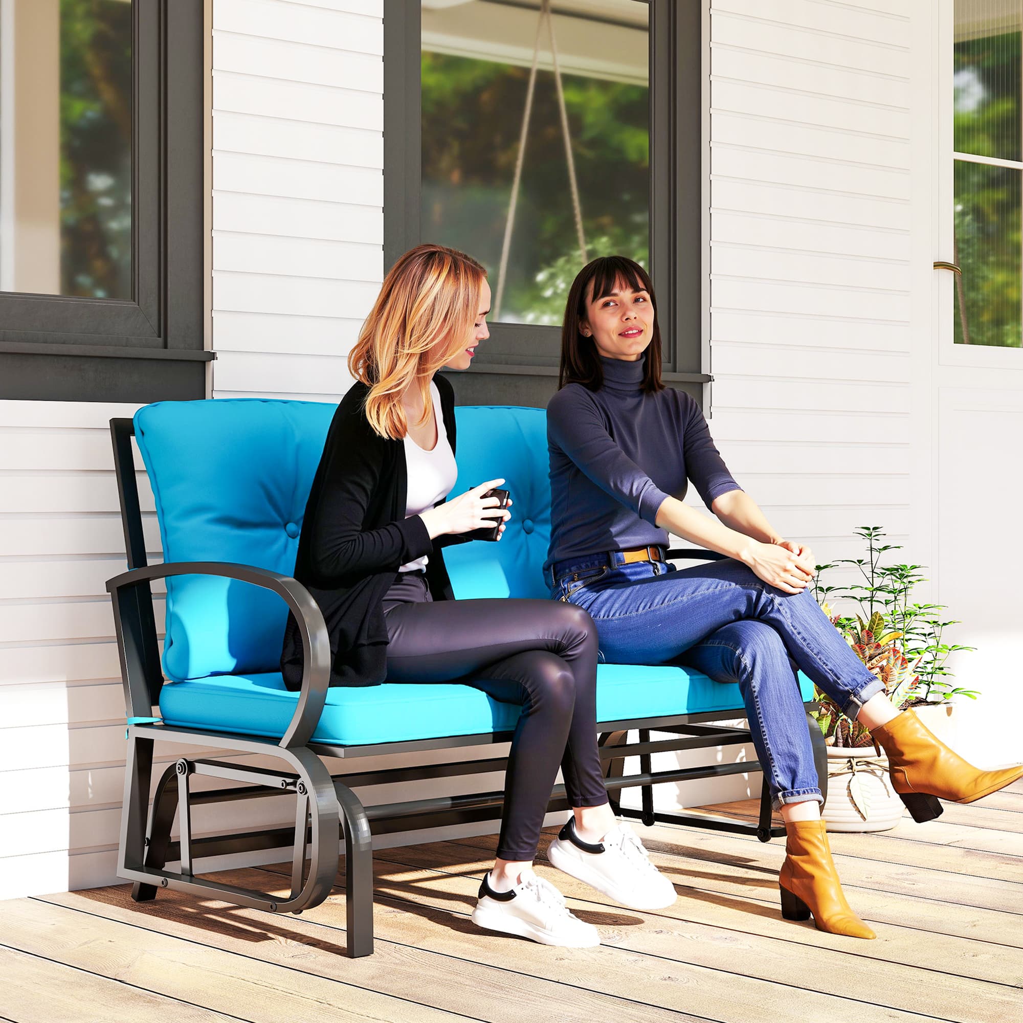 Outsunny 2-Person Outdoor Glider Chair, Patio Double Rocking Loveseat with Steel Frame & Cushions, Blue | Aosom Canada