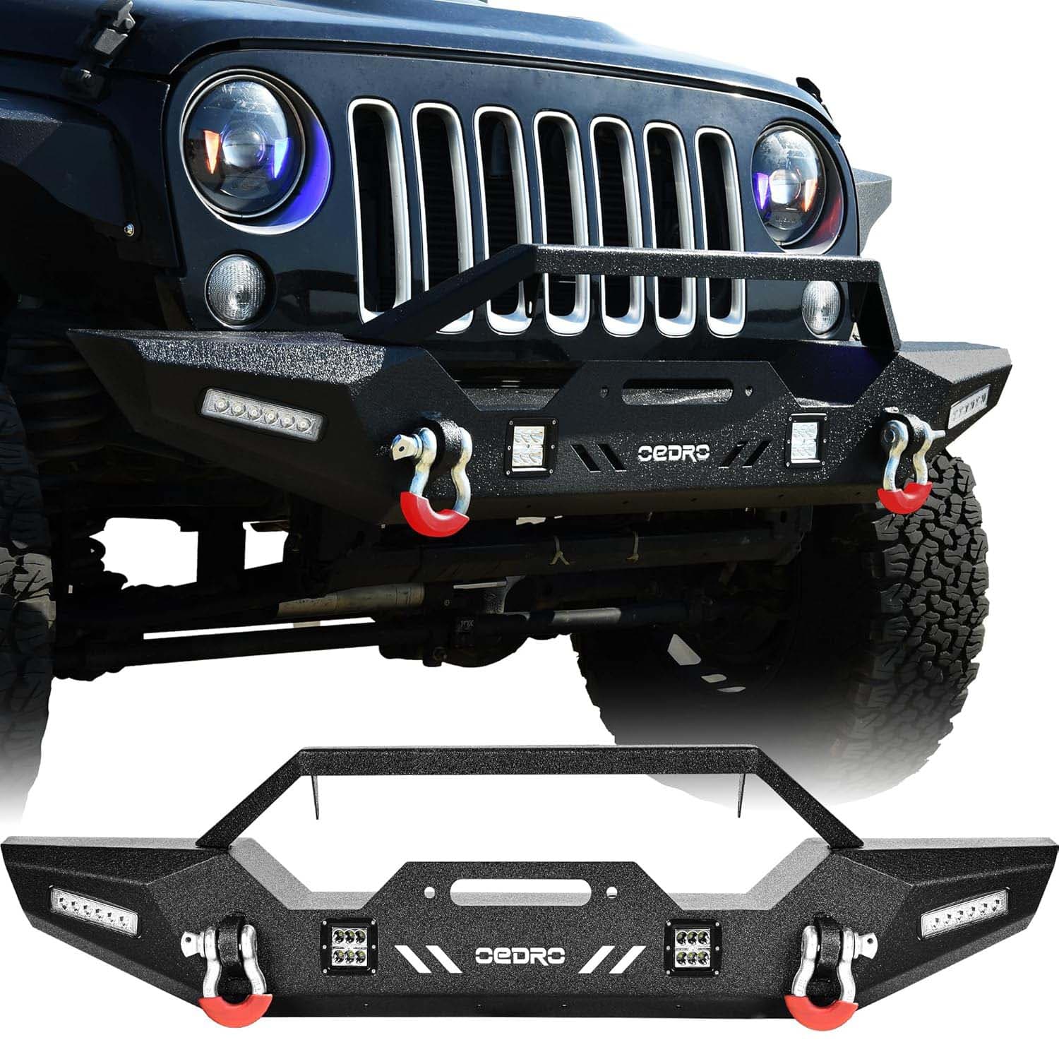 OEDRO® Front Bumper for 2007-2018 Jeep Wrangler JK & Unlimited, with 4 x LED Lights & 2 x D-Rings