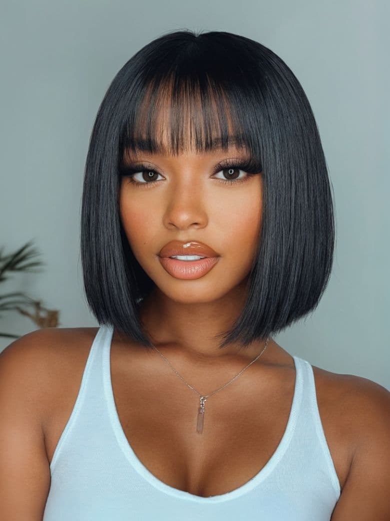 Glueless  Straight Bob Wig Black Wig Human Hair with Blunt Bangs