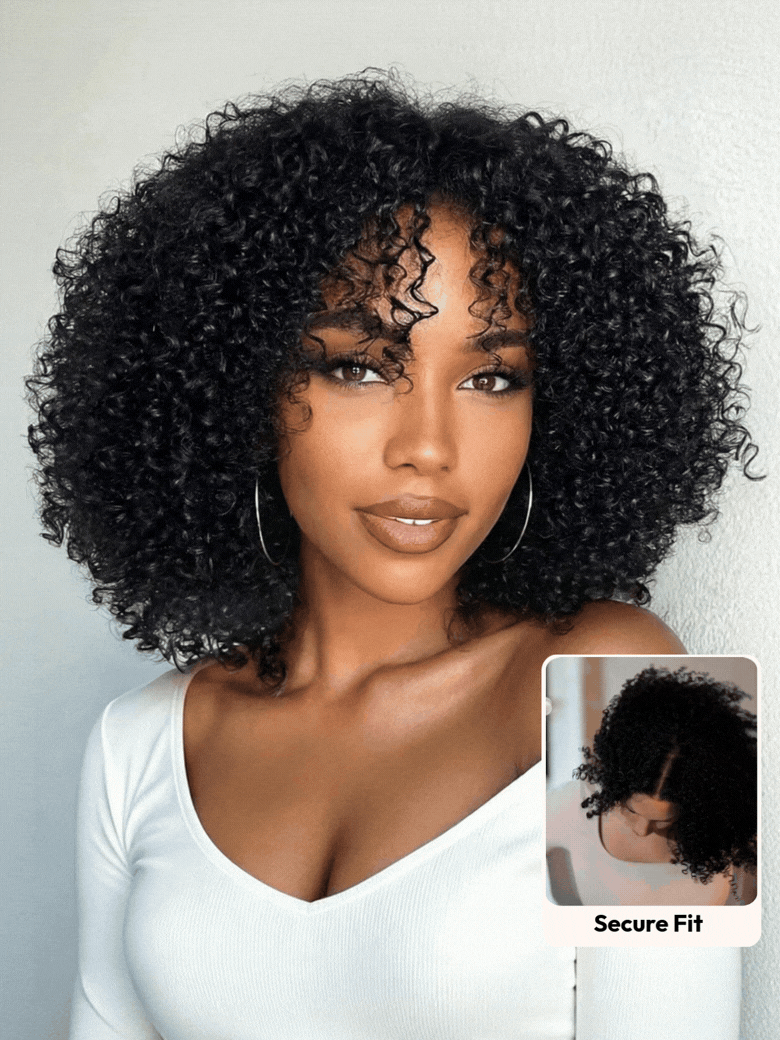 [22"=$99] 180% Full Density 7x5 Lace Bye Bye Slip™ Natural Black Afro Kinky Curly with Finger Coil Ends Drawstring Wig 180% Density