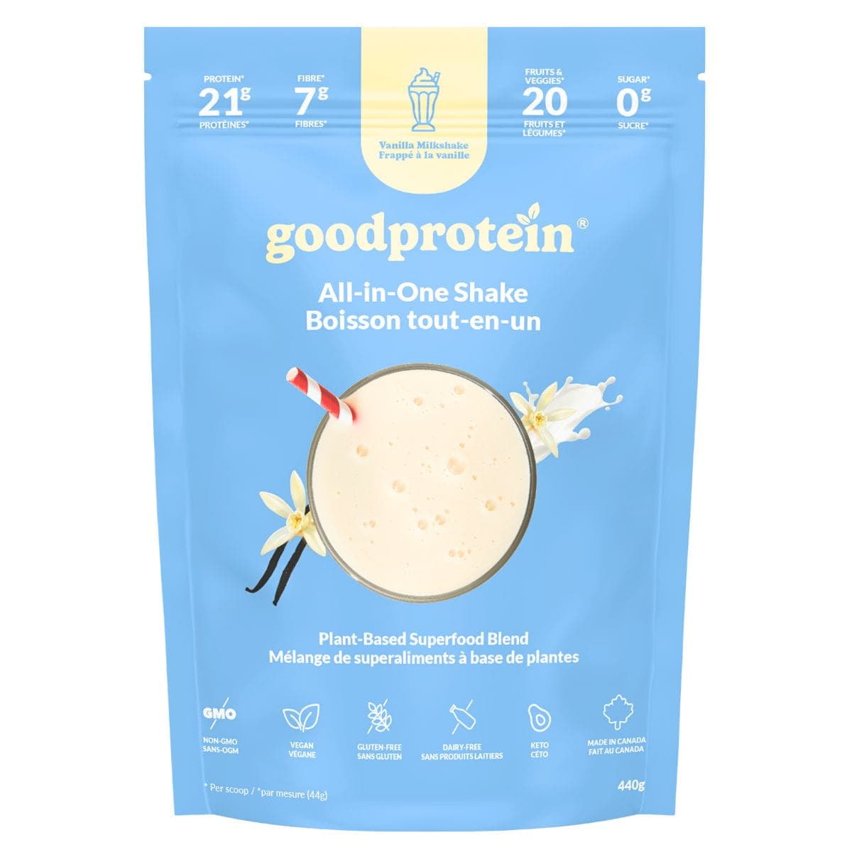 Good Protein All-In-One Shake Plant-Based Superfood Blend Vanilla Milkshake, 440g