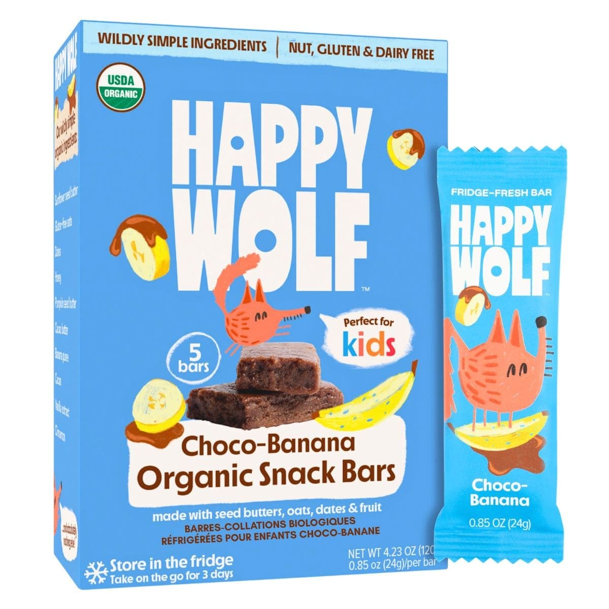 Happy Wolf Organic Kids Refrigerated SnackBars Choco-Banana, 5 Bars