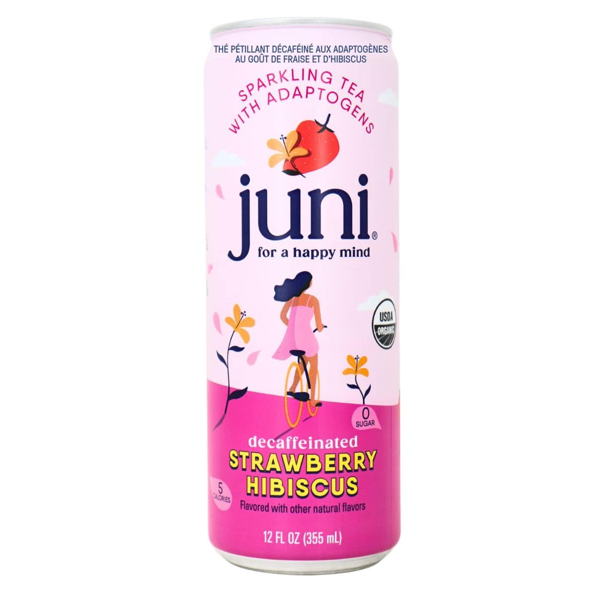 Juni Sparkling Decaffeinated Adaptogenic Tea Strawberry Hibiscus, 355 ml