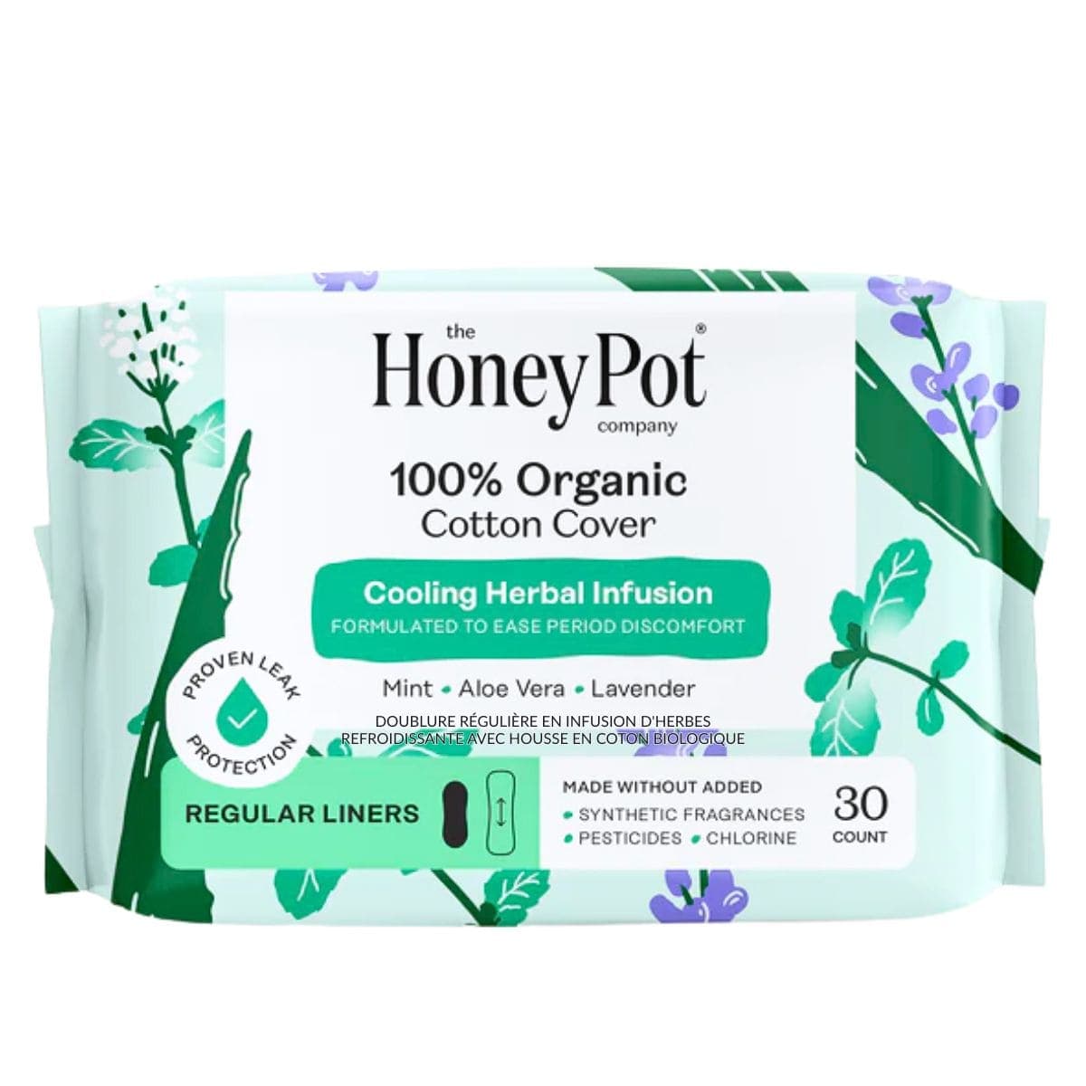 The Honey Pot Organic Cotton Cover Cooling Herbal Infusion Regular Liners, 30 Count