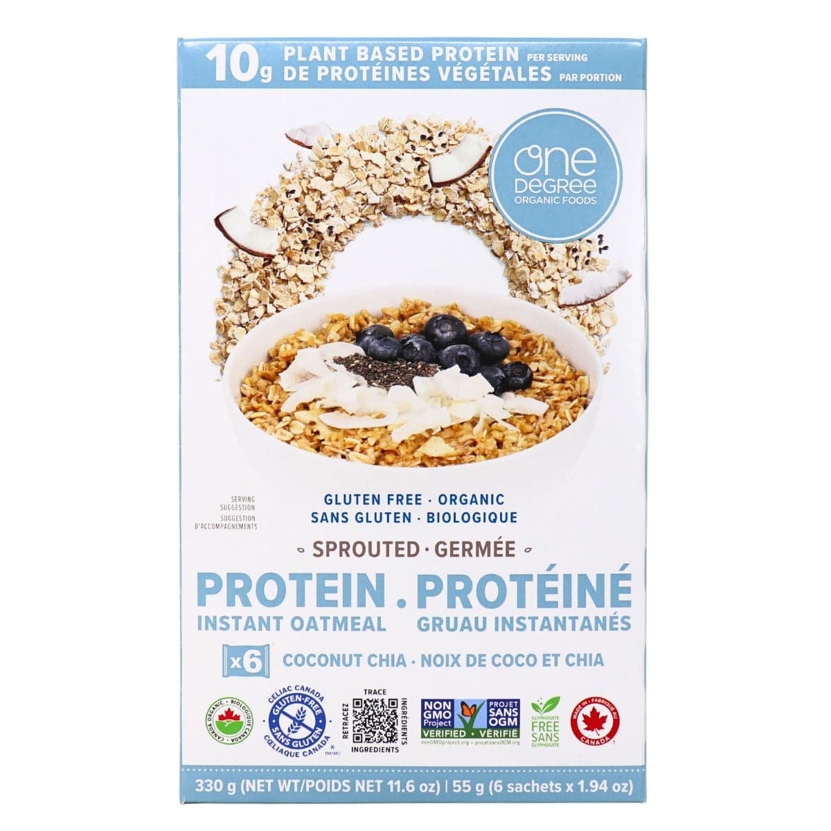 One Degree Organic Foods High-Protein Sprouted Oatmeal Coconut Chia, 330 g