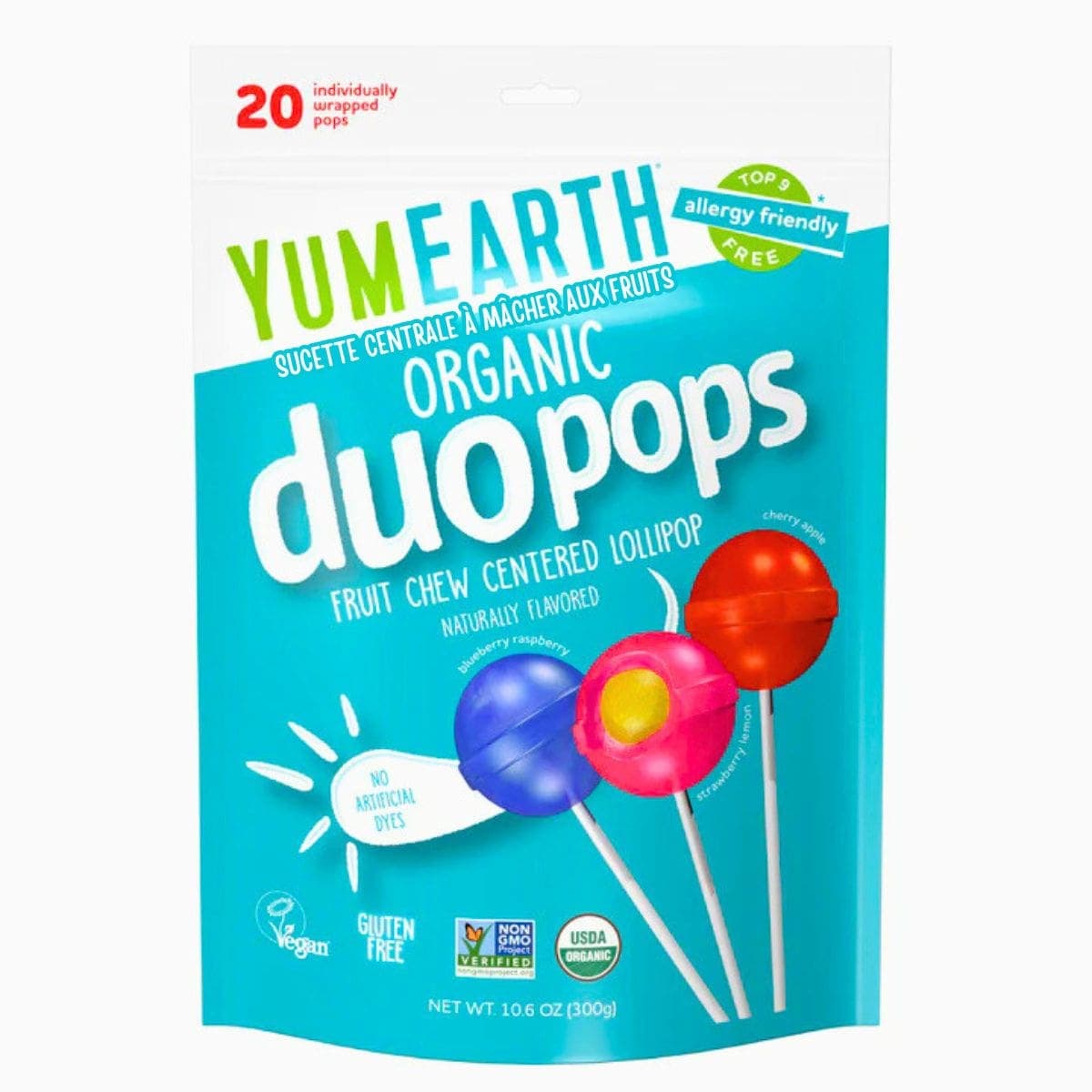 YumEarth Organic DuoPops Fruit Chew Centre Filled Lollipop, 20 Pack