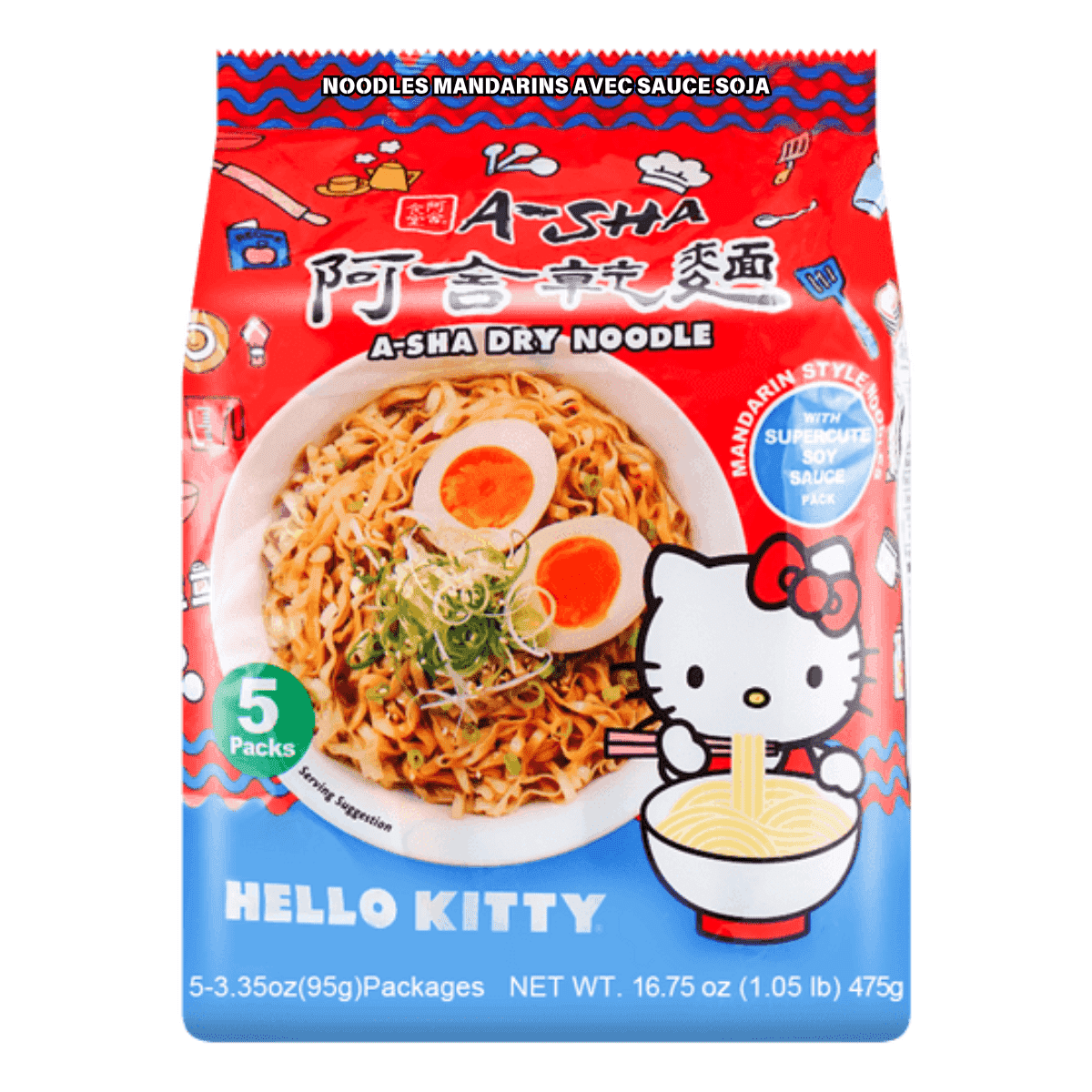 A-Sha Hello Kitty Mandarin Style Dry Noodles With Soy Sauce, 5 Pack