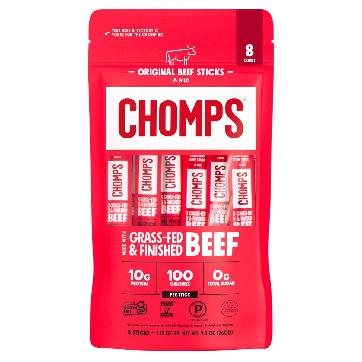 Chomps Grass-Fed Beef Jerky Stick Original, 8 Sticks