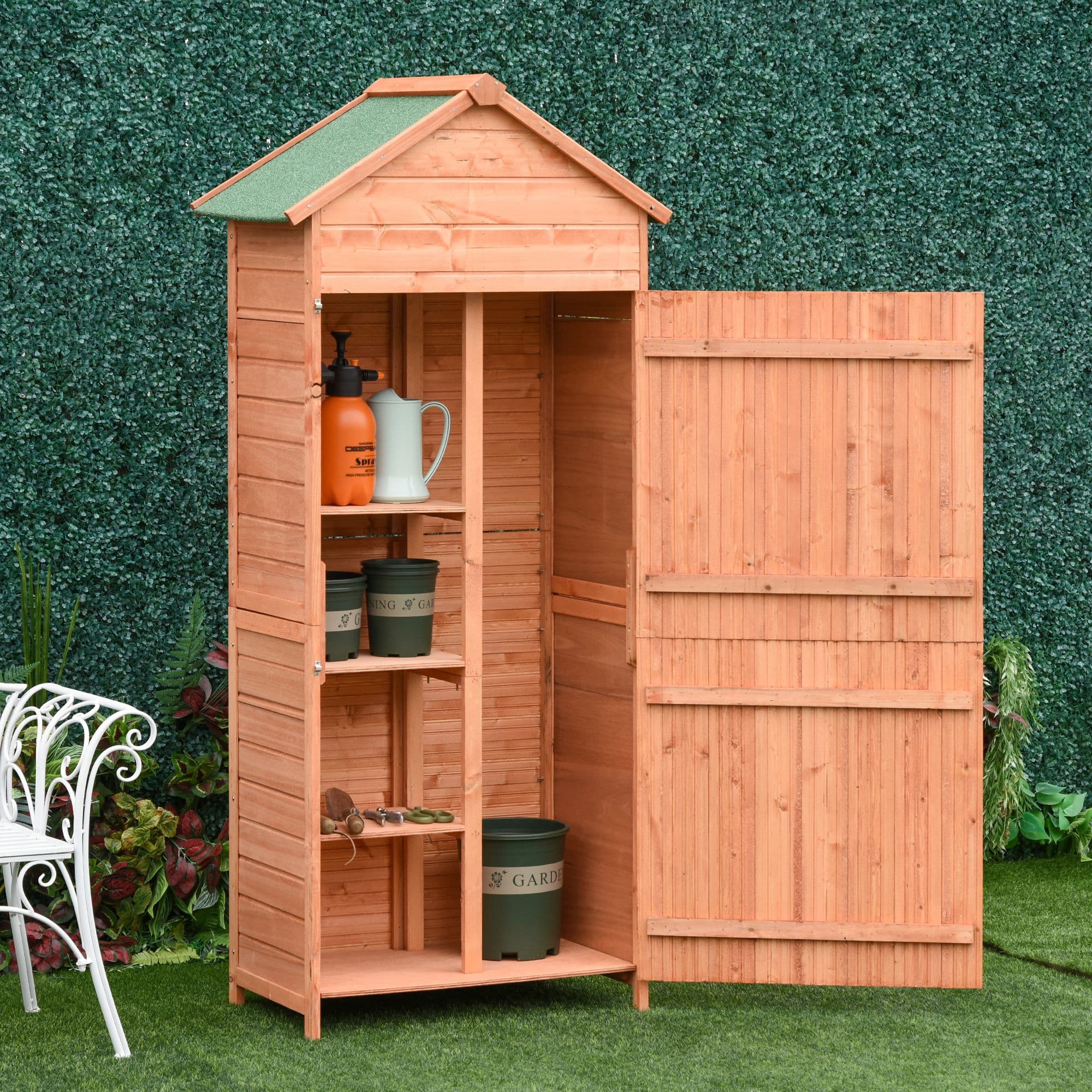 Outsunny Wood Garden Shed Outdoor Tool Storage Cabinet Hutch Lockable Unit with Double Door and 3 Tire Storage Shelves | Aosom Canada
