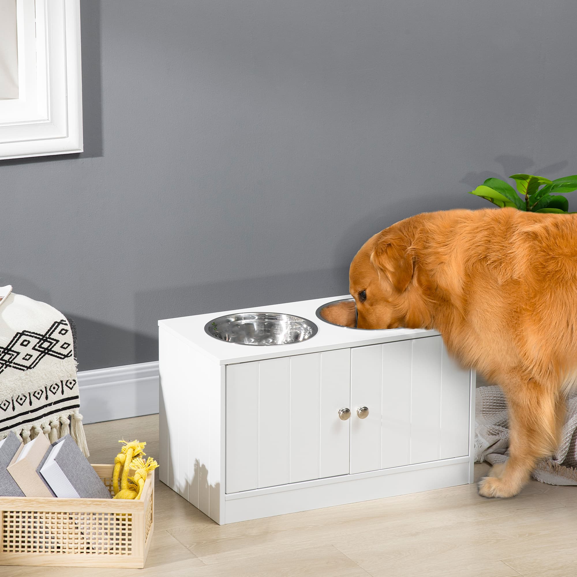 PawHut Elevated Dog Bowls for Large Dogs Feeding Station with Stand Storage 2 Stainless Steel Bowls White | Aosom Canada