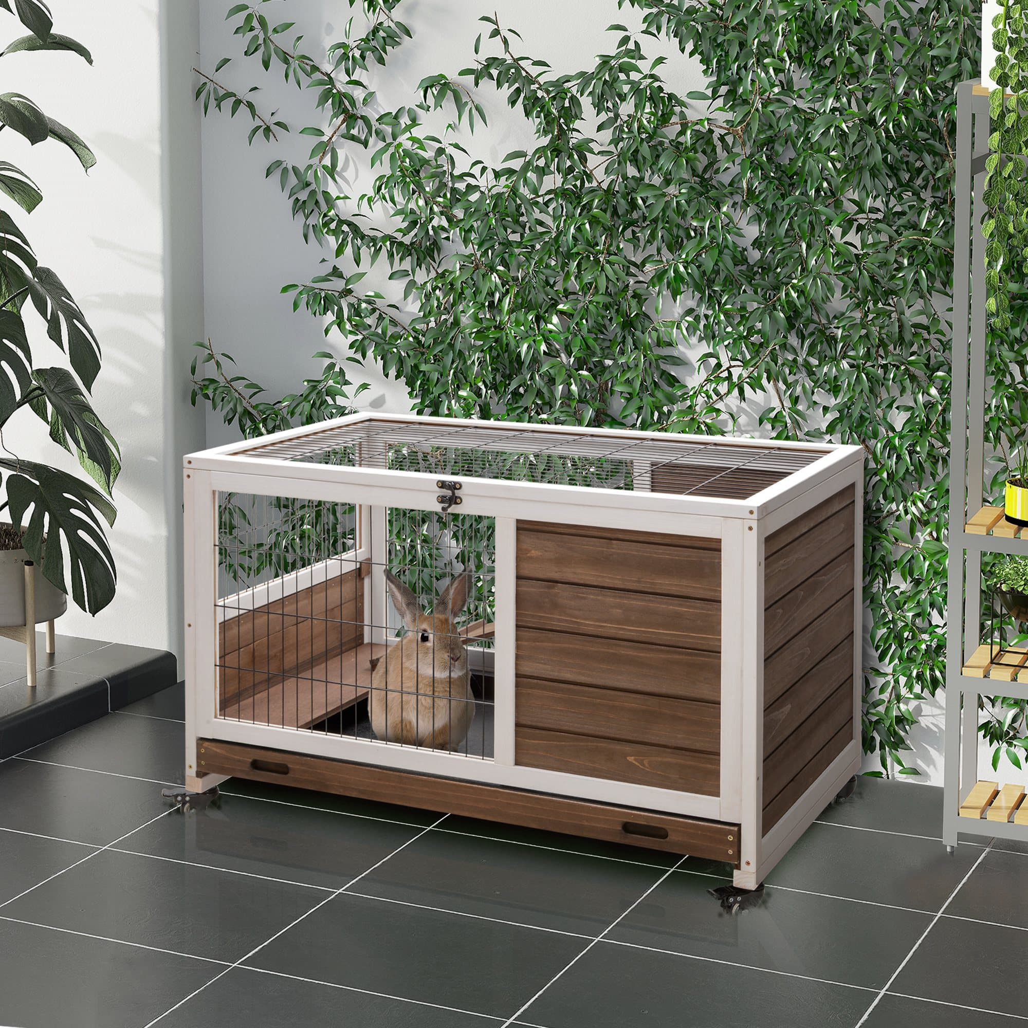 PawHut Wooden Indoor Rabbit Hutch Elevated Cage Habitat with Enclosed Run with Wheels, Ideal for Rabbits and Guinea Pigs, Brown | Aosom Canada