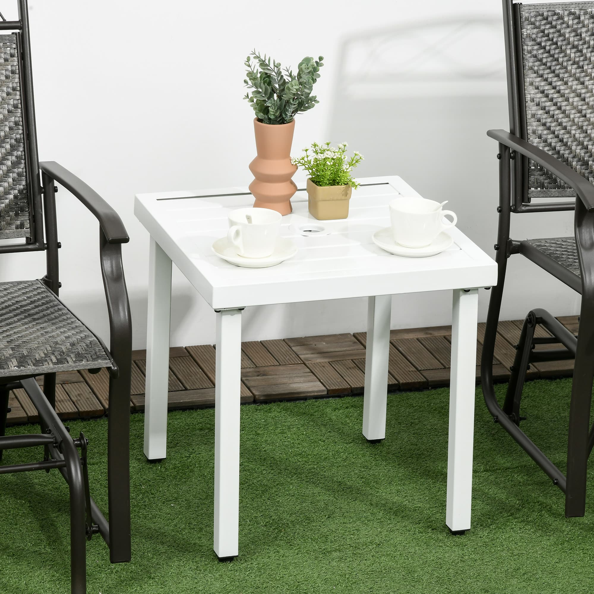 Outsunny Patio Side Table with Umbrella Hole Steel Frame Small Coffee Table White | Aosom Canada