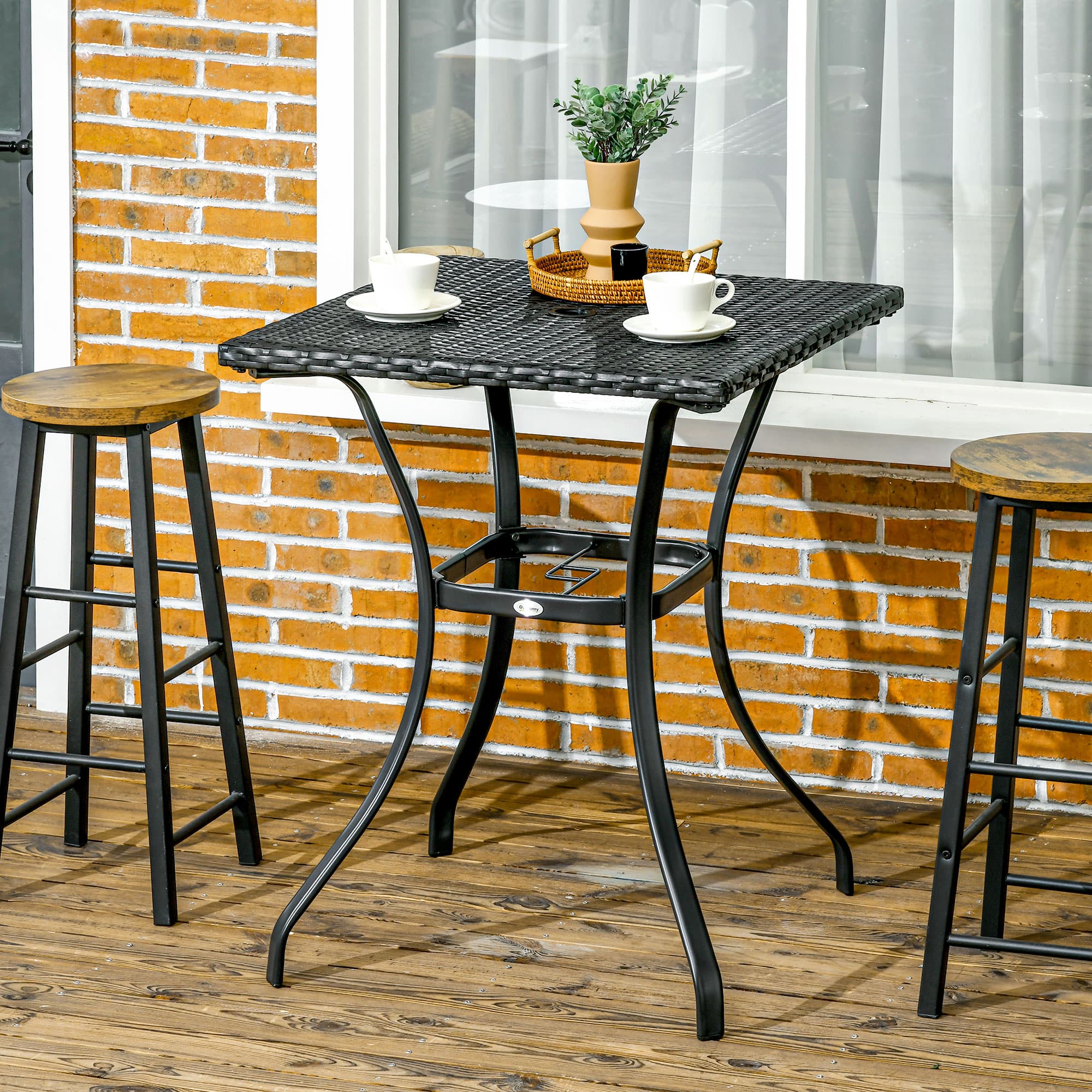 Outsunny Black Wicker Patio Panache: Outdoor Rattan Coffee Table with Umbrella Hole, Plastic Board Top | Aosom Canada
