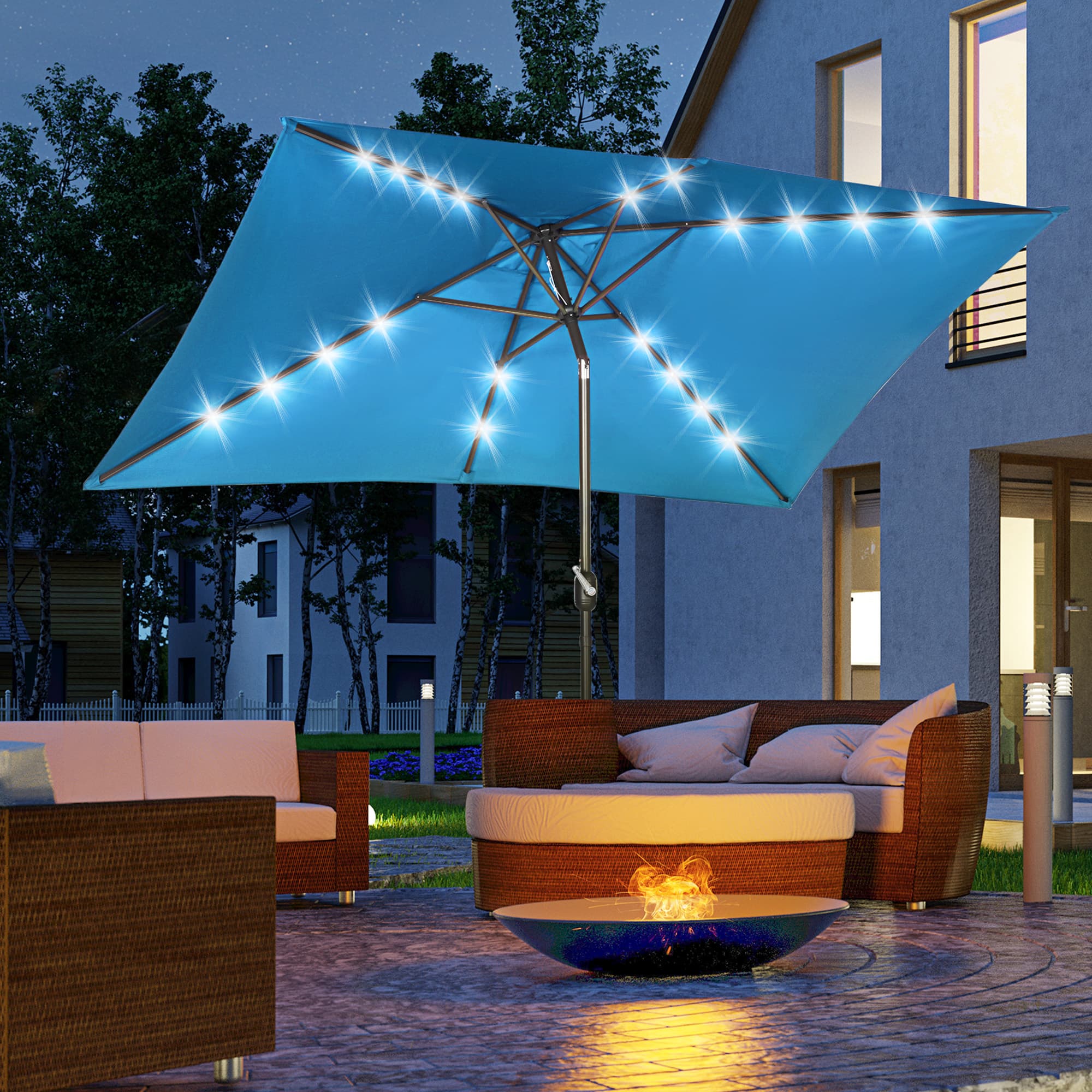 Outsunny 6.5x10ft Patio Umbrella Rectangle Solar Powered Tilt Aluminum Outdoor Market Parasol with LEDs Crank (Turquoise) | Aosom Canada