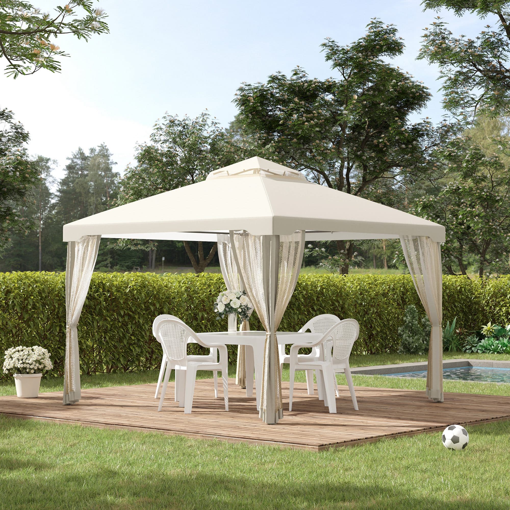 Outsunny 9.7'x9.7' Patio Gazebo Outdoor Pavilion 2 Tire Roof Canopy Shelter Garden Event Party Tent, Cream White | Aosom Canada