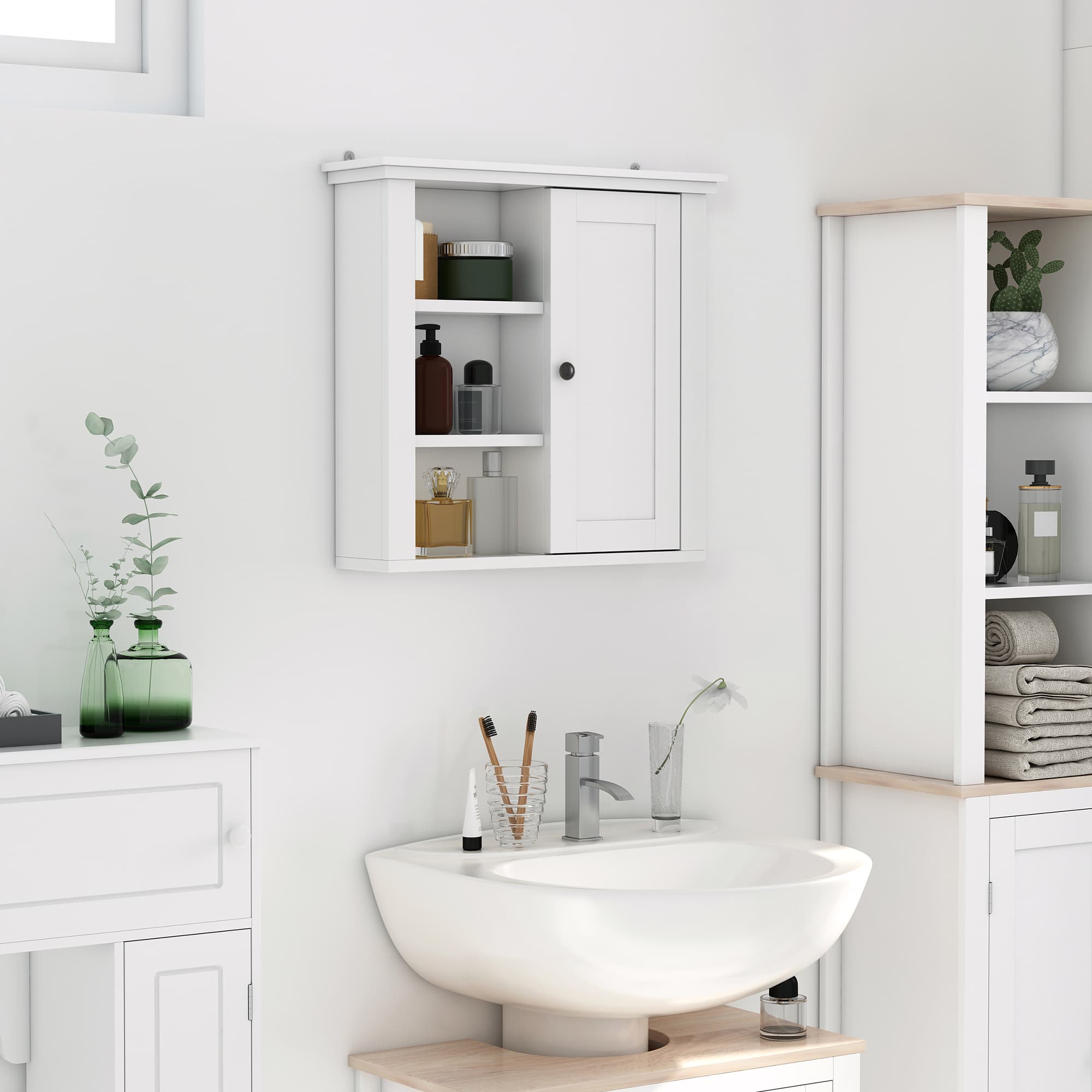 HOMCOM White Wall-Mounted Cabinet: 3-Shelf Bathroom Medicine Storage for Organized Laundry Rooms & Hallways | Aosom Canada