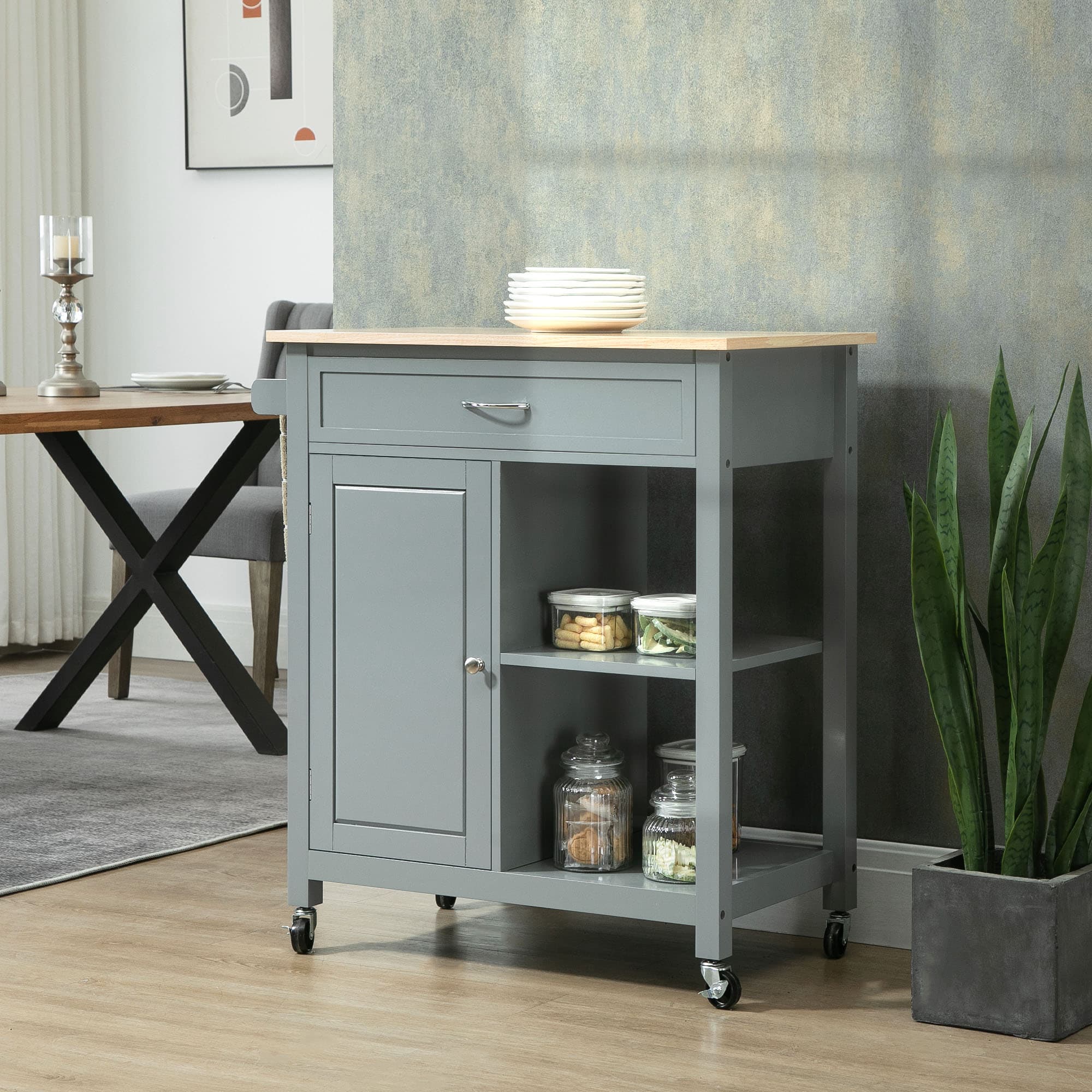 HOMCOM Kitchen Cruiser: Rolling Island Cart with Wood Top, Storage Drawer, Grey for Dining Room Mobility | Aosom Canada