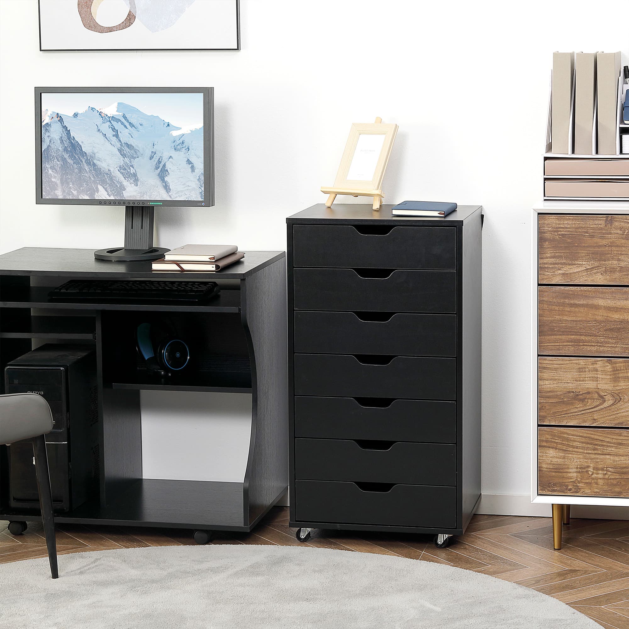 Vinsetto Towering File Vault: 7-Drawer Vertical Cabinet on Wheels for Comprehensive Office Document Organization, Black | Aosom Canada