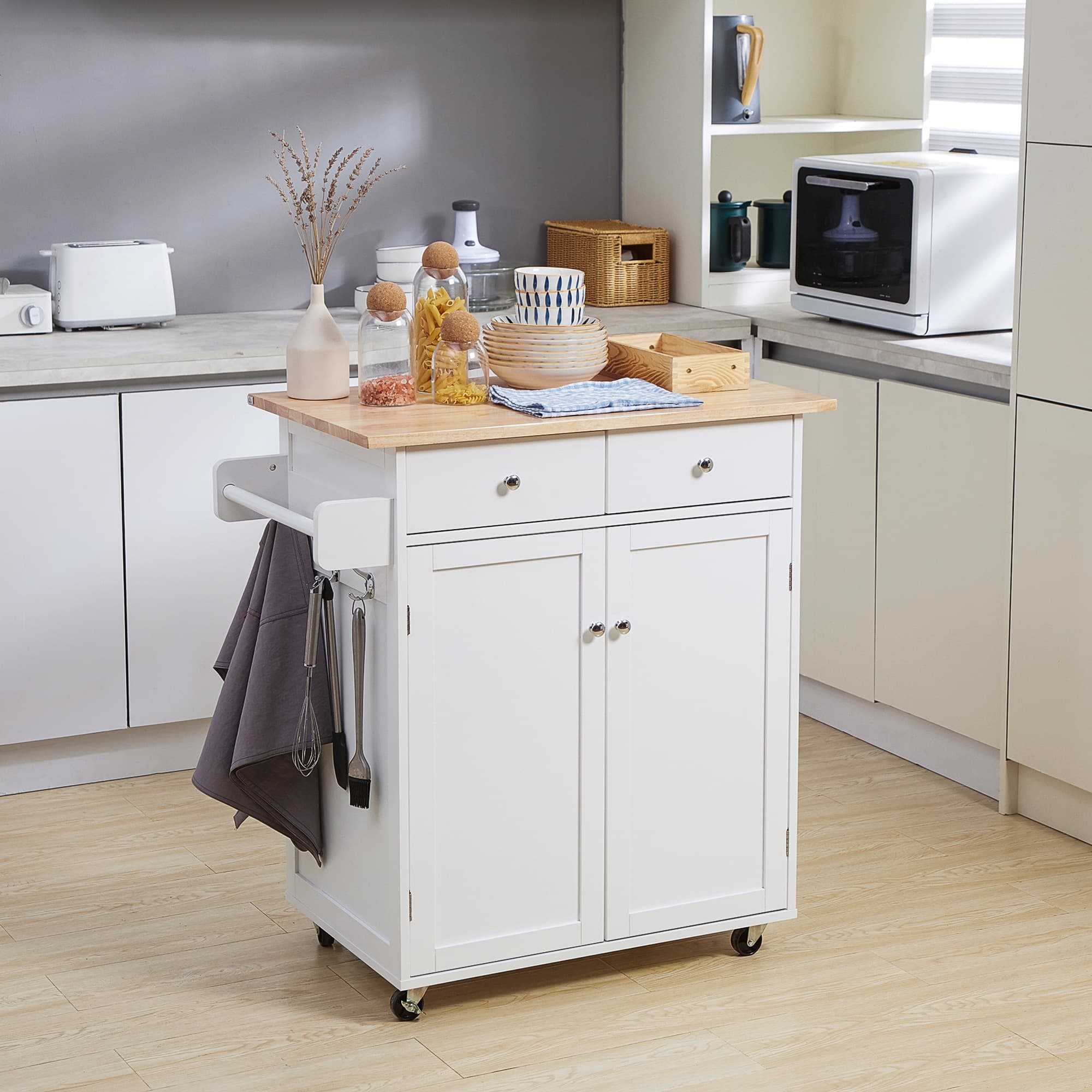 HOMCOM Mobile Culinary Companion: Rolling Kitchen Island Cart with Rubber Wood Top, Towel Rack, Storage Drawers, White Finish | Aosom Canada