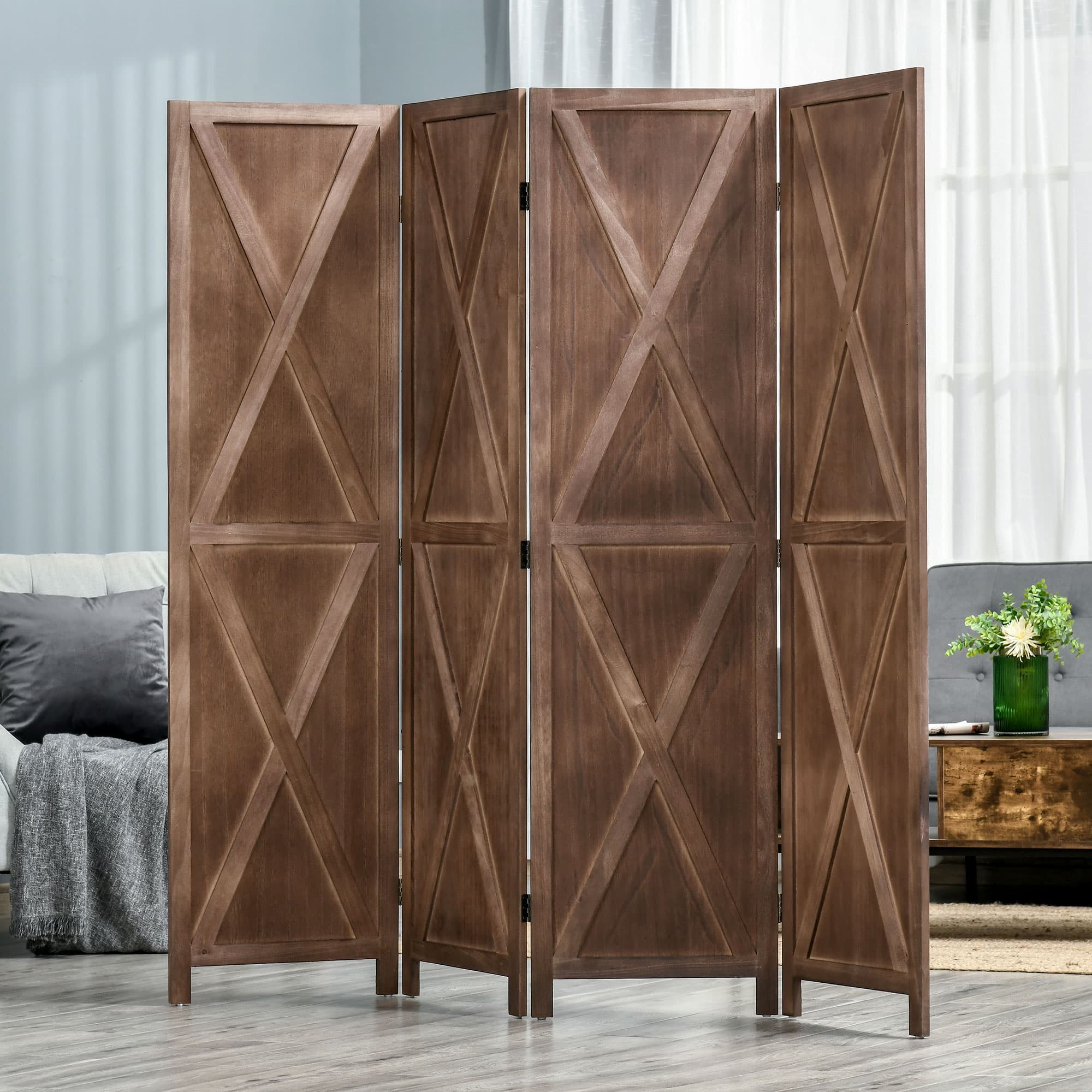 HOMCOM 4-Panel Wall Partition Farmhouse Room Divider: Foldable Design Wooden Frame 5.6FT Walnut | Aosom Canada