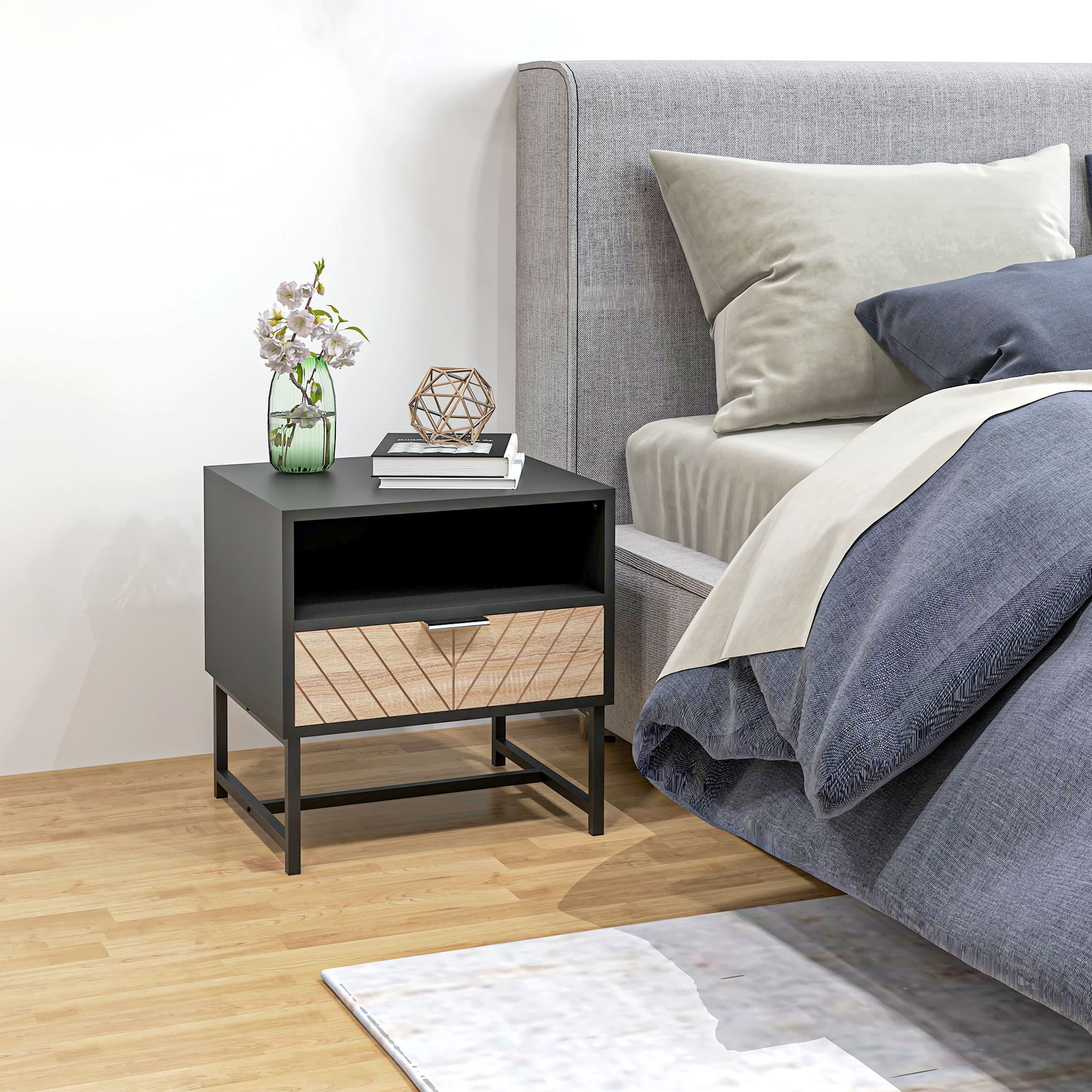 HOMCOM Bedside Table: Modern, Drawer, Nightstand, Storage Shelf, Sofa End Table, Bedroom, Black Oak | Aosom Canada