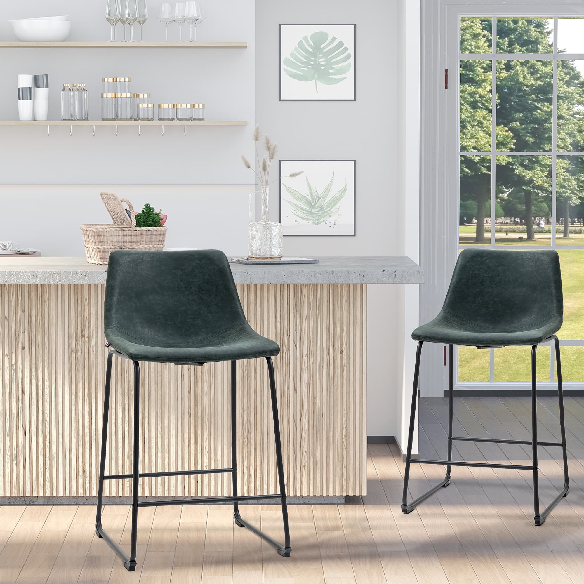 HOMCOM Vintage Vibe: Set of 2 Counter Height Bar Stools, PU Leather with Footrest, Green Accent for Kitchen or Home Bar | Aosom Canada