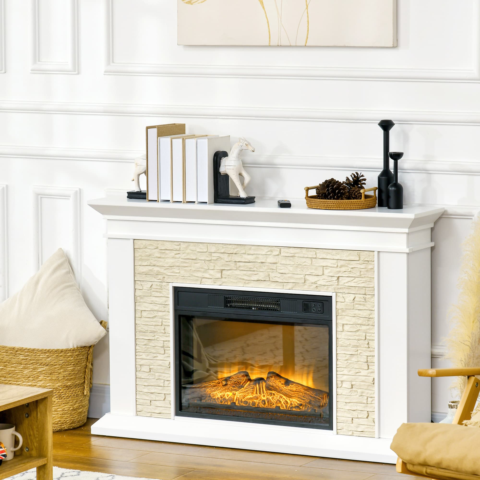 HOMCOM 31.5" Electric Fireplace with Mantel, 1400W Freestanding Fireplace Heater with Remote Control, Overheat Protection, Timer, White | Aosom Canada