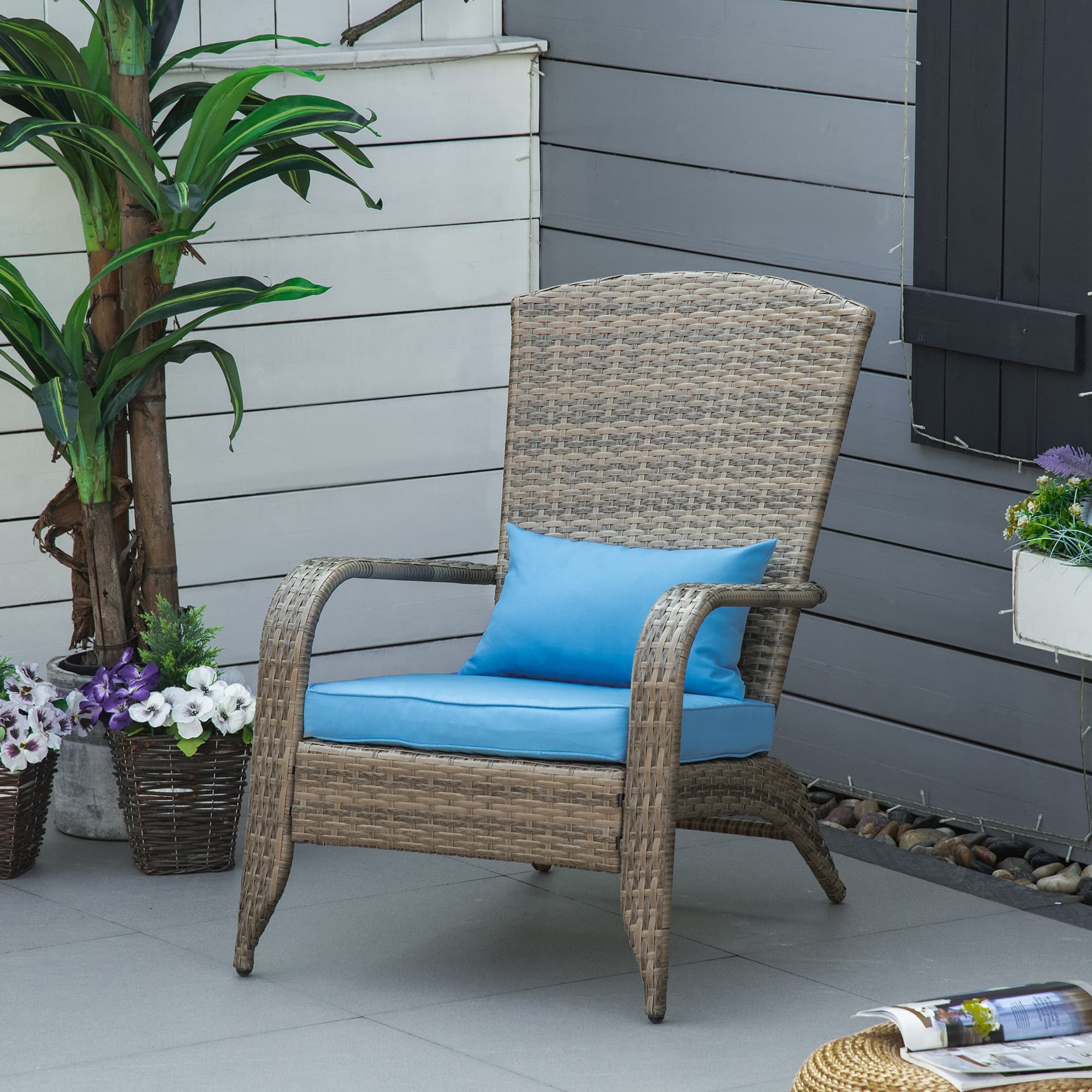 Outsunny Blue Rattan Adirondack Deck Chair Outdoor Classic Armrest Lounge Chair with Cushion | Aosom Canada