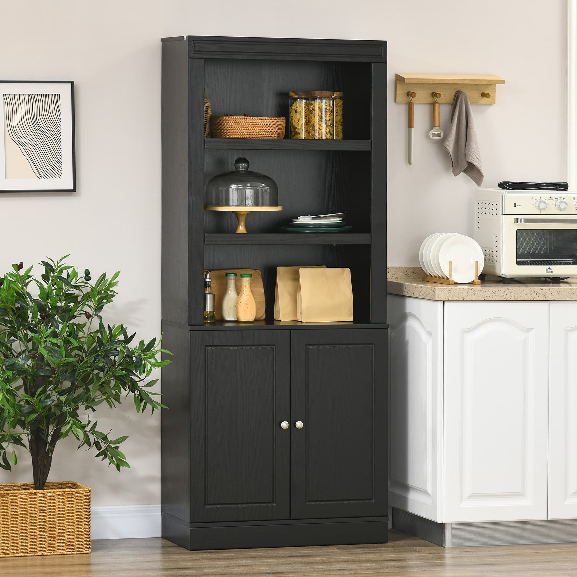 HOMCOM 72" Freestanding Kitchen Pantry: Buffet with Hutch, 6-Tier Shelving Cupboard, 2 Cabinet Doors and Bookcase | Aosom Canada