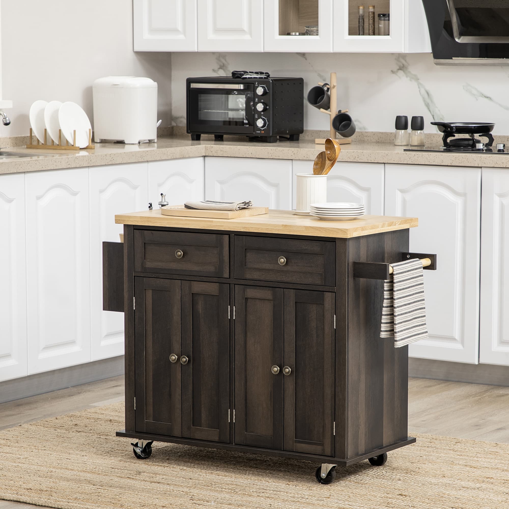 HOMCOM Rustic Kitchen Trolley: Rubber Wood Top, Spice Rack, Towel Rail for Functionality, Oak Brown | Aosom Canada
