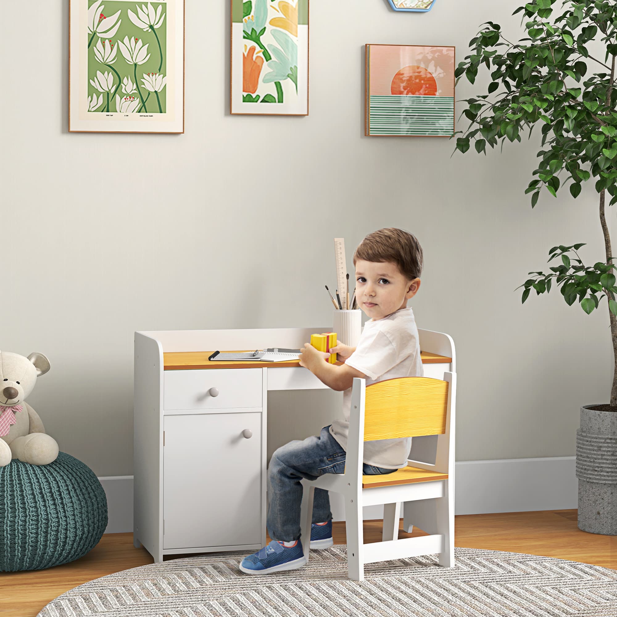 Qaba Kids Desk and Chair Set for 3-6 Year Old with Storage Drawer Study Table and Chair for Children White | Aosom Canada