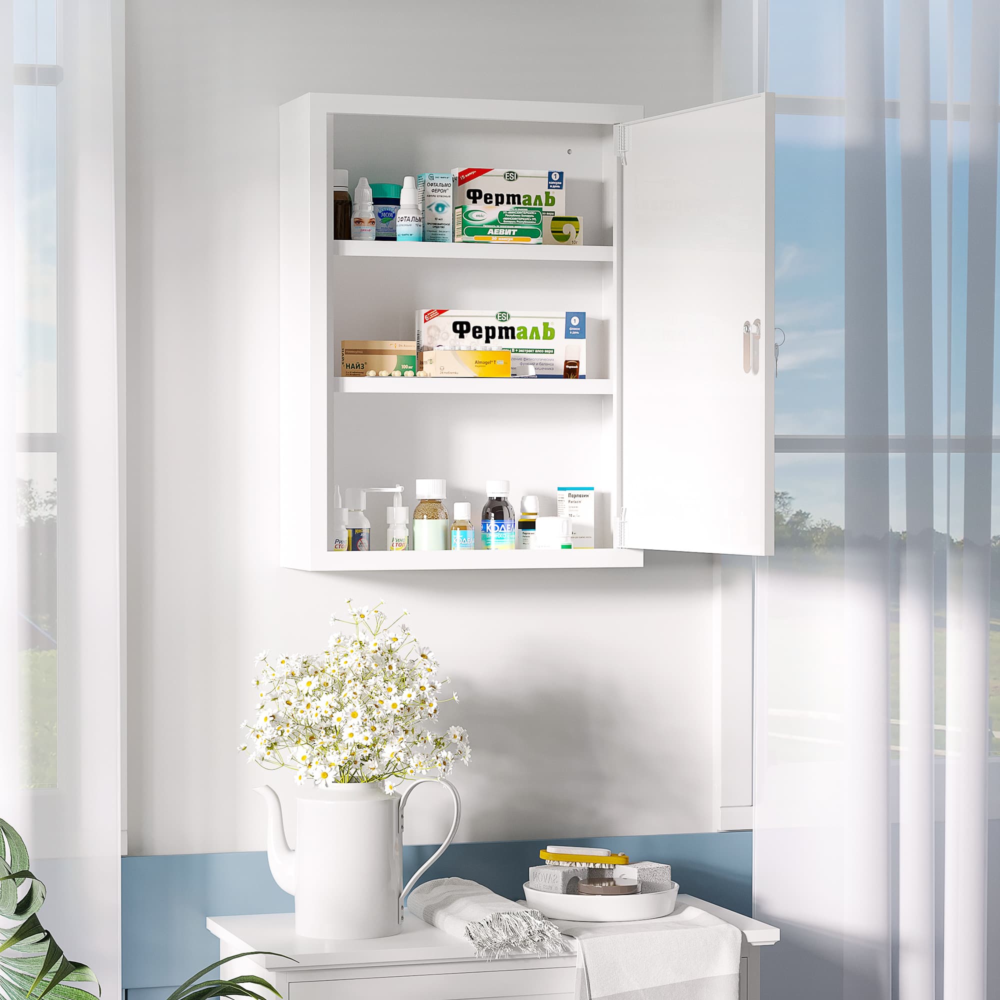 kleankin Secure Storage Solution: Lockable 3-Tier Steel Medicine Cabinet with Keys, Wall-Mounted Shelving for Bathroom, White Finish | Aosom Canada