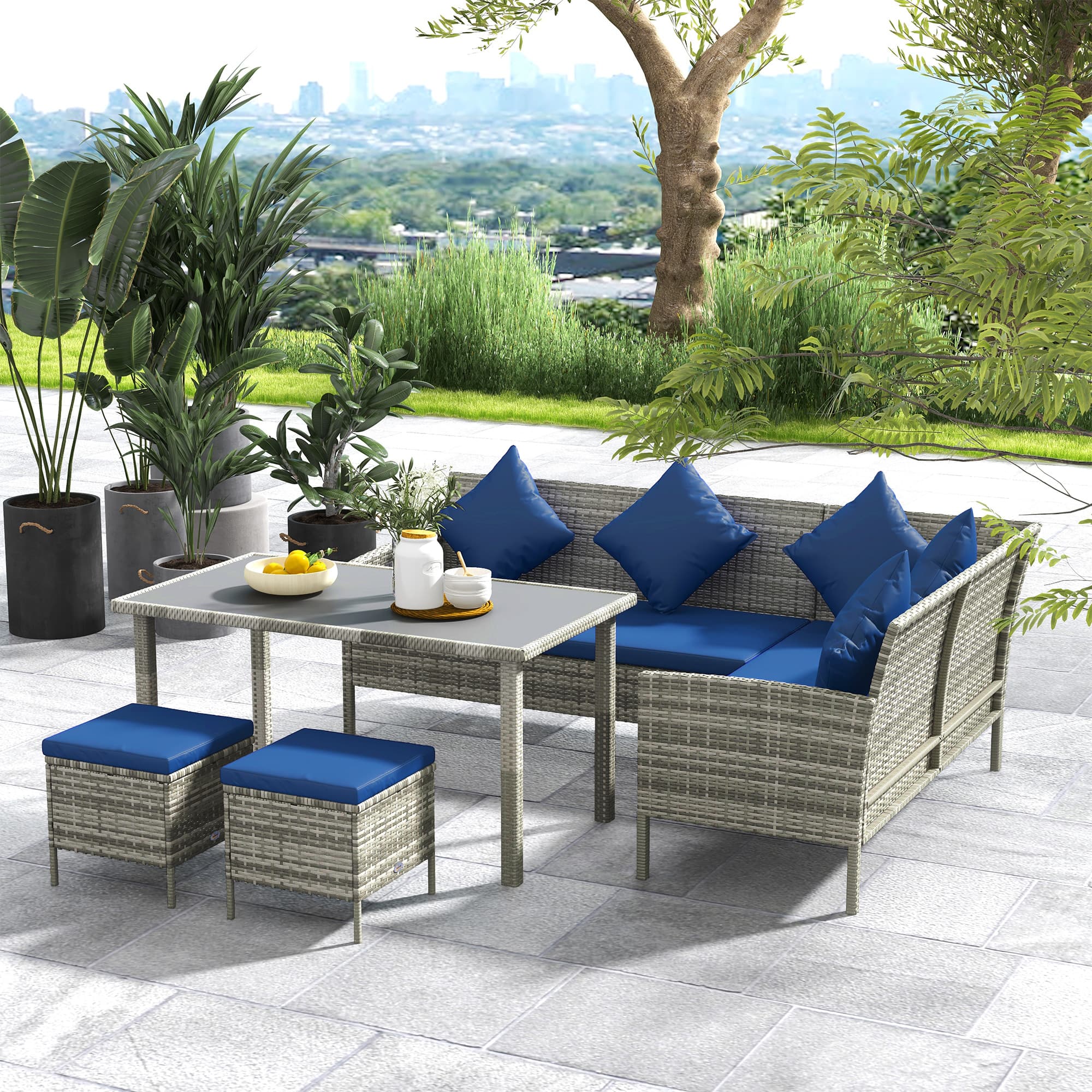 Outsunny 5-Piece Navy Blue Wicker Patio Dining Set, Outdoor Conversation Furniture with Cushions, Table, Ottomans | Aosom Canada