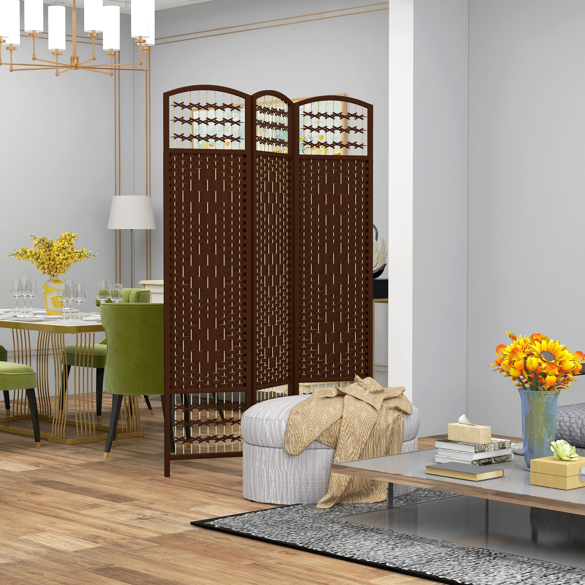 HOMCOM 3-Panel Folding Room Divider: Portable Privacy Screen, Wave Fiber Room Partition for Home Office, Brown | Aosom Canada