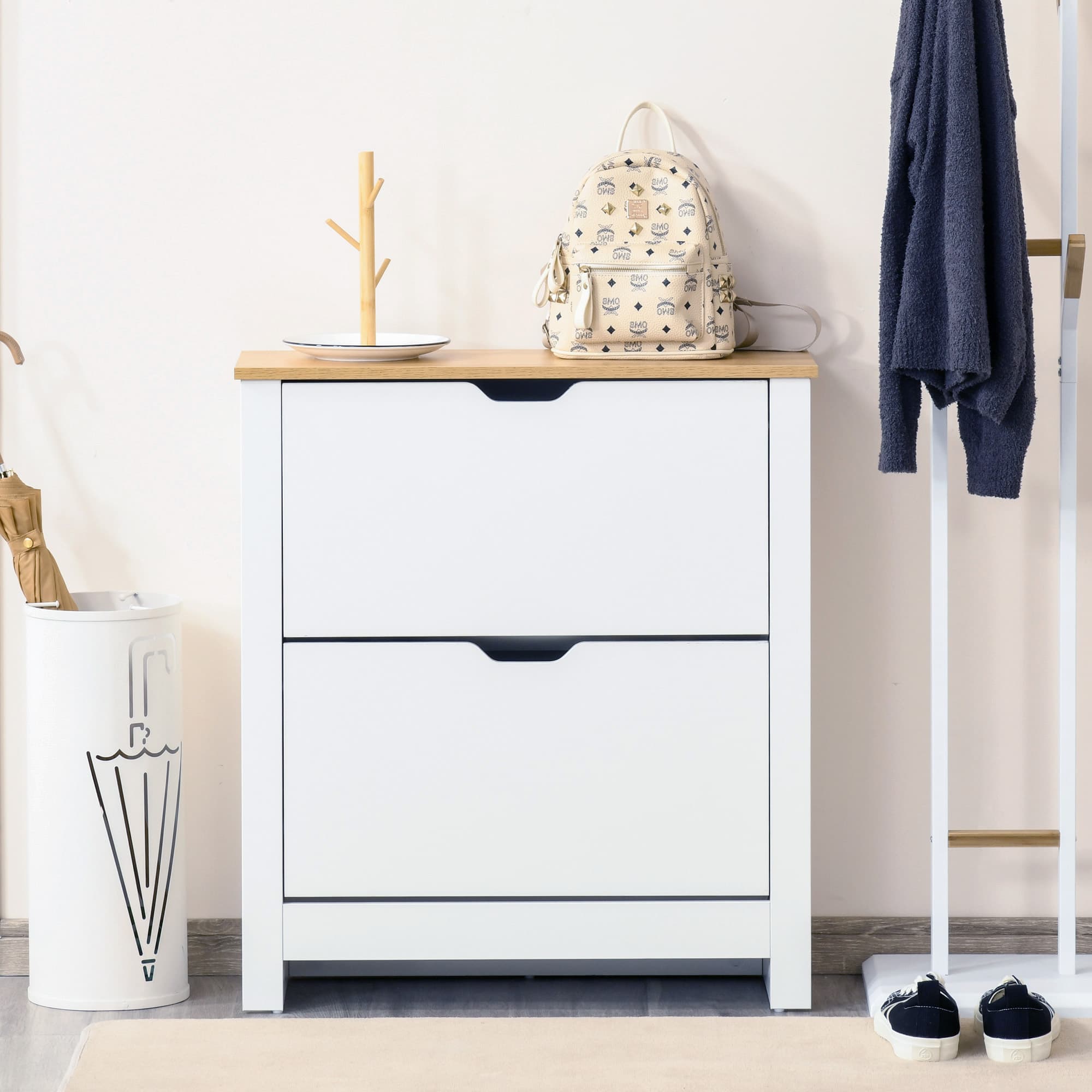 HOMCOM Slim Shoe Storage Cabinet Space-Saving 2 Flip Drawers & Adjustable Shelves Holds 12 Pairs in White | Aosom Canada