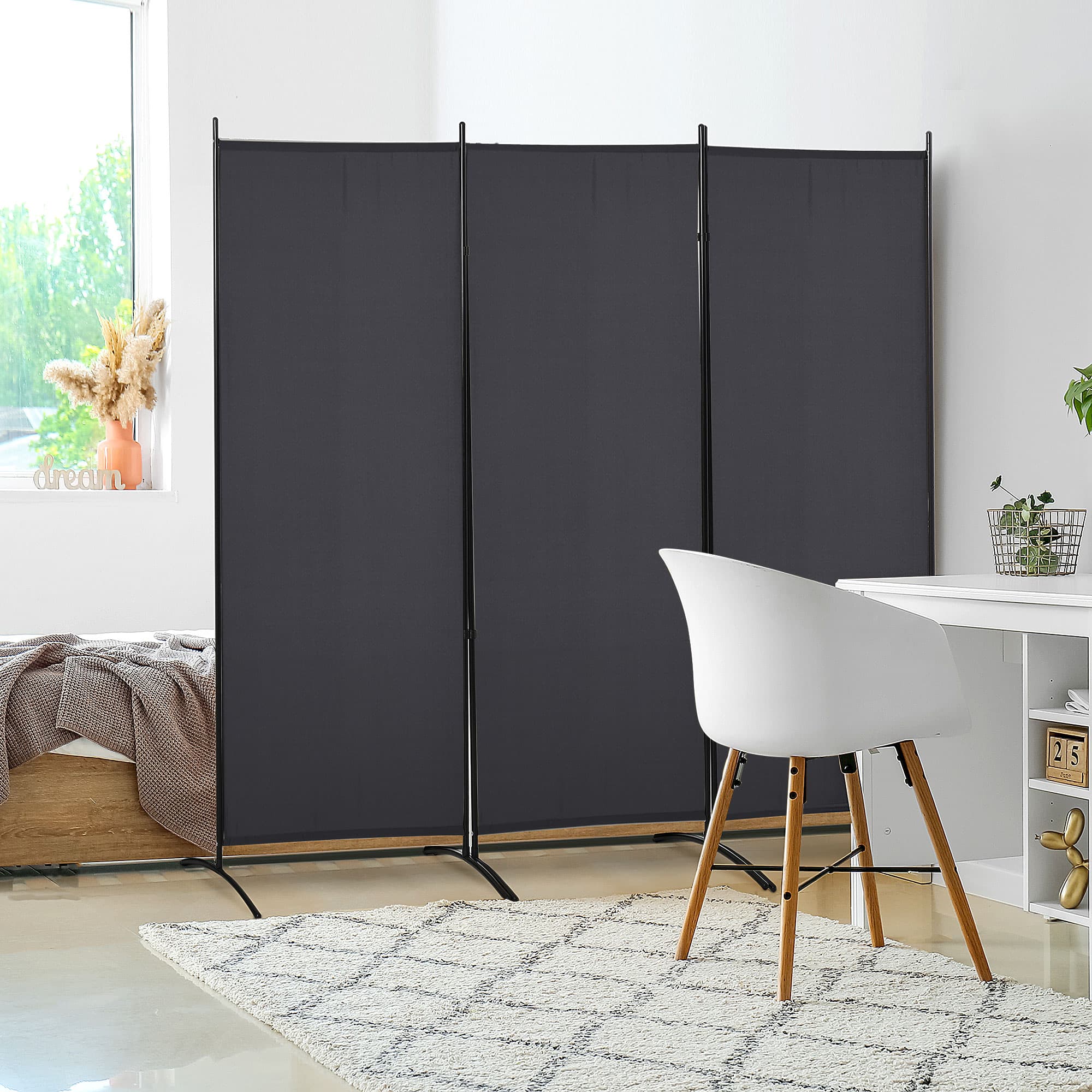 HOMCOM Charcoal Chic: 6' 3-Panel Double Hinged Folding Wall Privacy Screen for Indoor Home Office, Charcoal Grey Finish | Aosom Canada