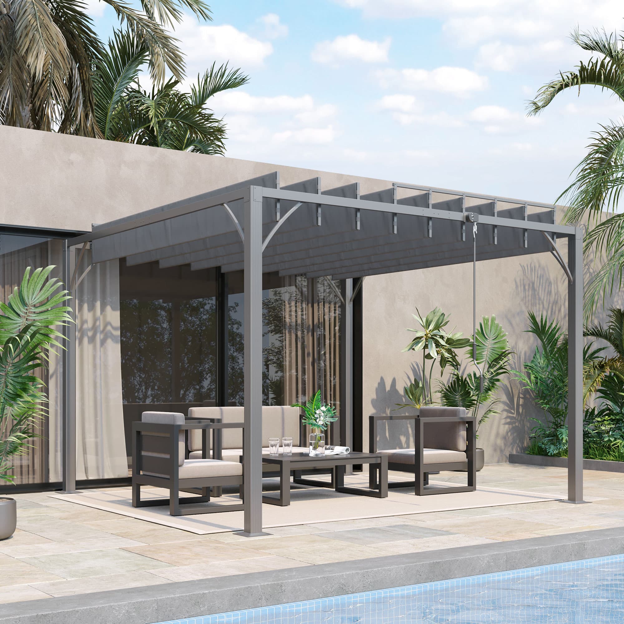 Outsunny Outdoor Aluminium Pergola 9.5' x 9.7' with Retractable Roof Louvered Canopy Gazebo Grey | Aosom Canada