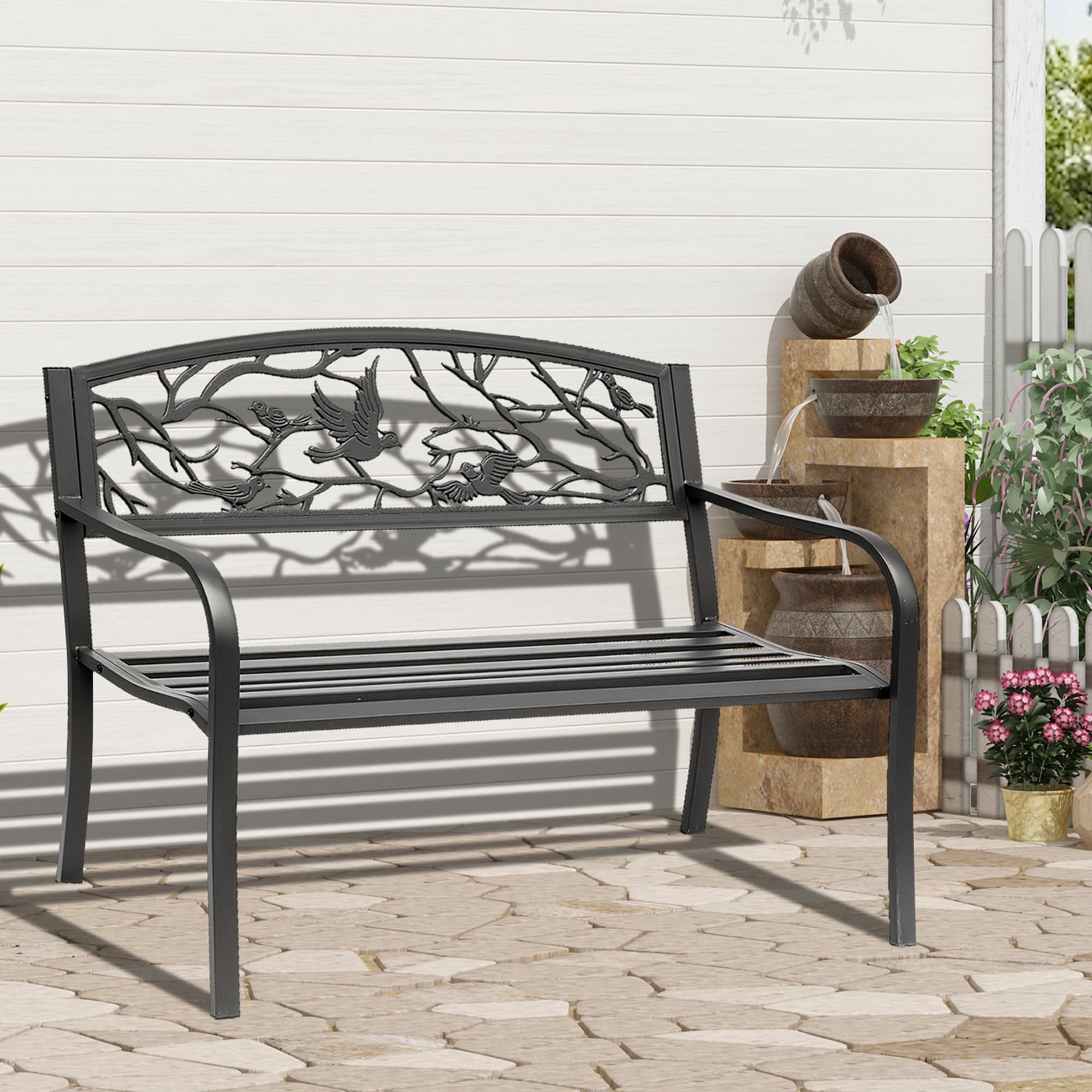 Outsunny Vintage Garden Bench Outdoor Loveseat Bird Pattern Durable Black Seating | Aosom Canada