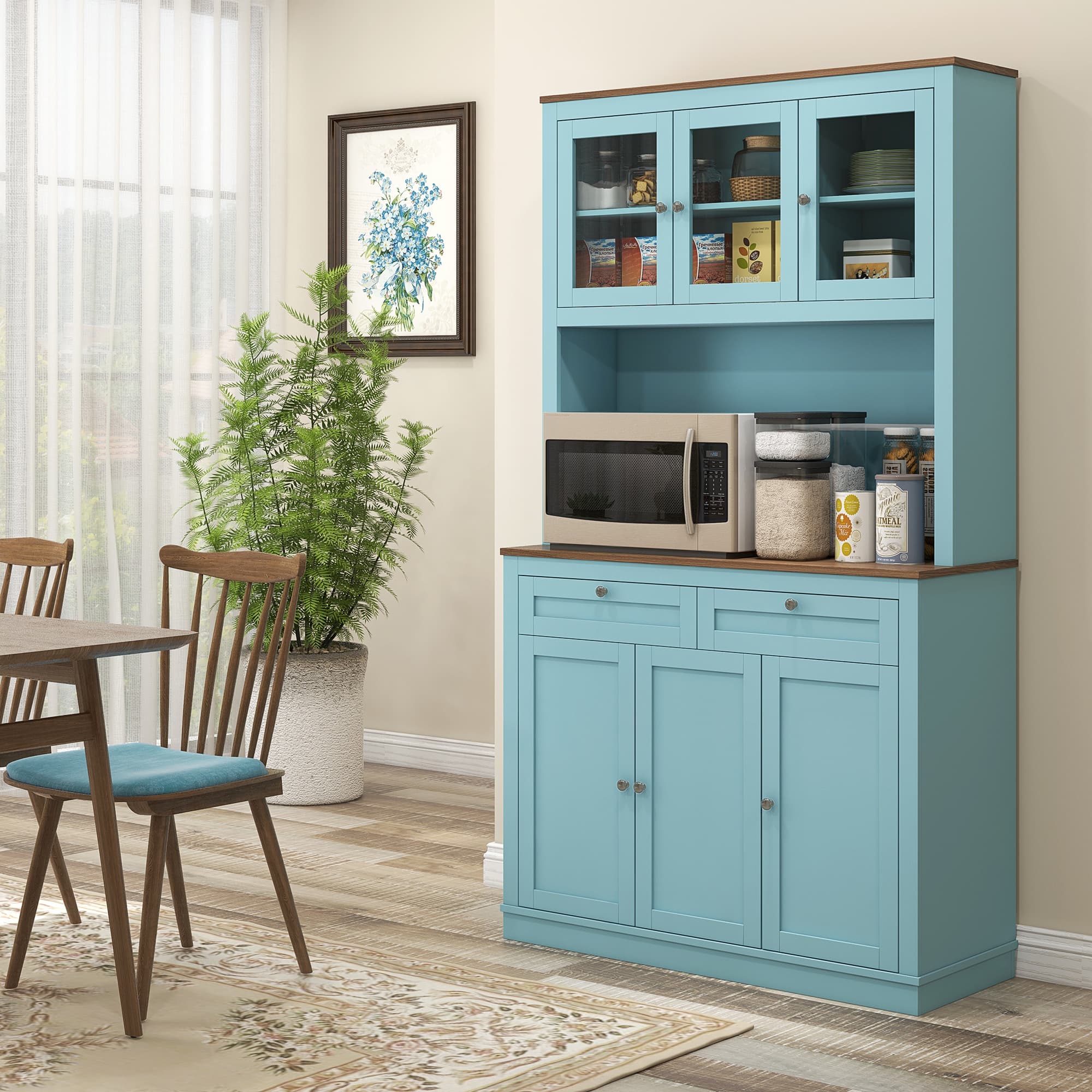 HOMCOM Spacious 71" Kitchen Pantry Cabinet - Microwave Space, Buffet Hutch, 2 Drawers, Adjustable Shelves, Glass Doors in Blue | Aosom Canada