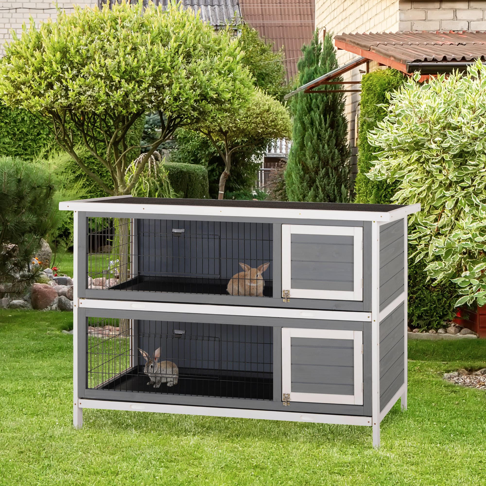 PawHut Wooden 2 Tier Rabbit Hutch Bunny Pet House Coop with Run Grey | Aosom Canada