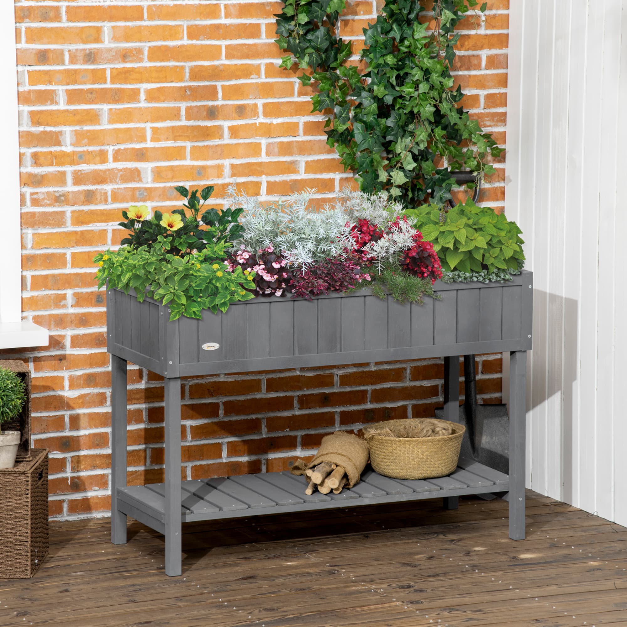 Outsunny 43.25" x 18" x 30" Raised Garden Bed, Wooden Plant Stand with 8 Grid Box, Storage Shelf for Outdoor, Dark Grey | Aosom Canada