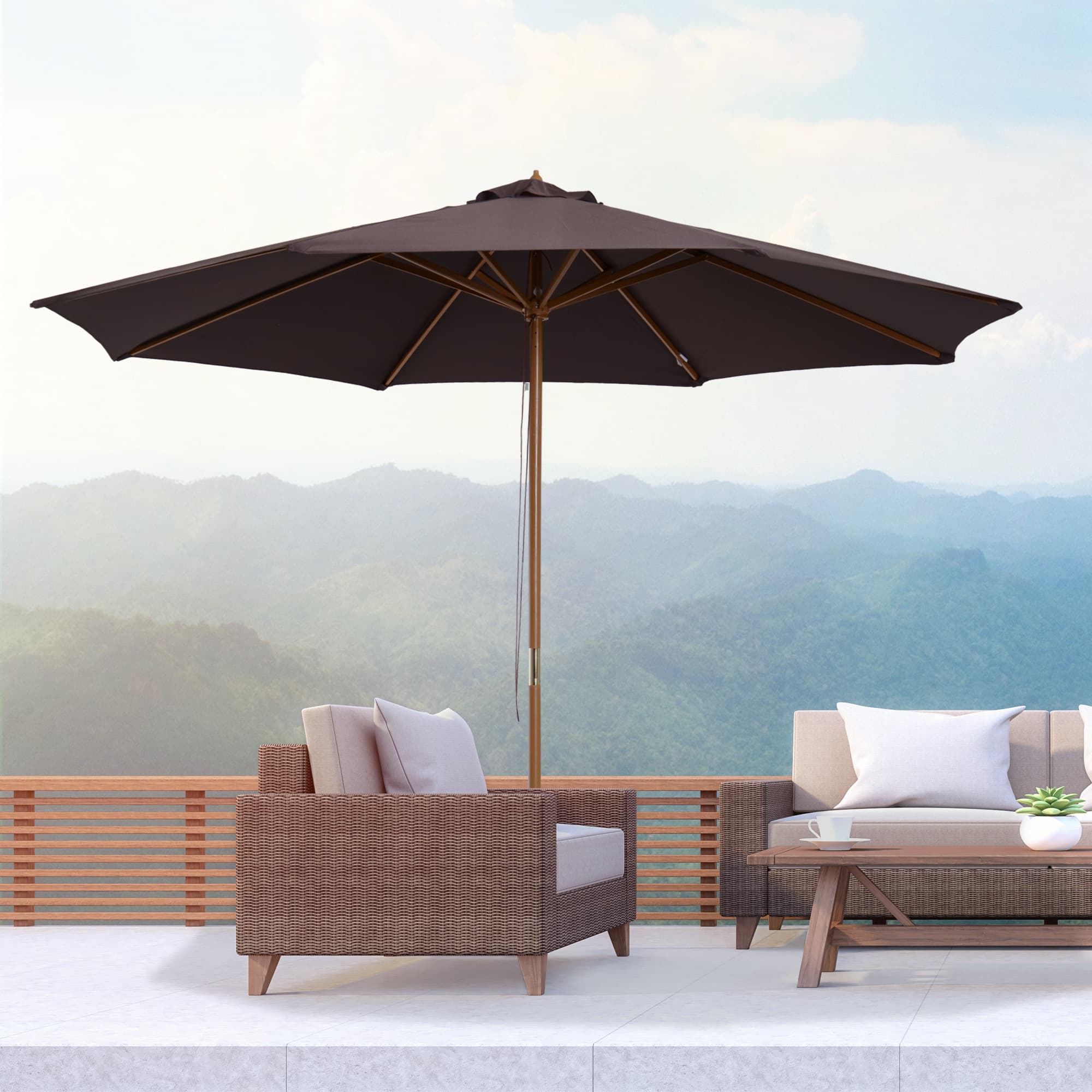 Outsunny 10'x10' Wooden Patio Umbrella, Outdoor Garden Sunshade Canopy, Bamboo Rib, Coffee - Elegant Outdoor Coffee Shade | Aosom Canada