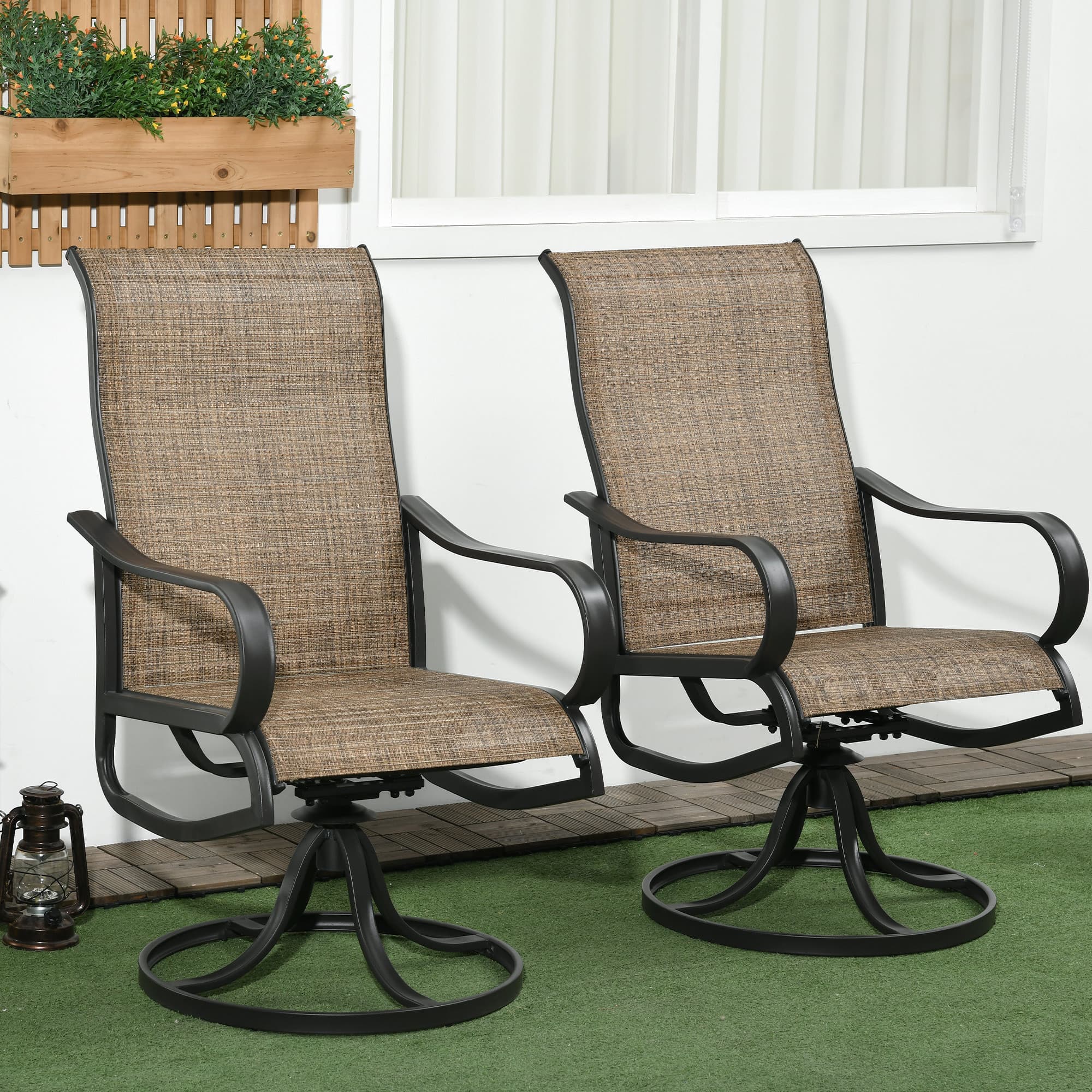 Outsunny 2-Piece Patio 360° Swivel Rocking Chairs with Curved Armrests, S Shape Backrest, Breathable Mesh Fabric Seat & Backrest, Brown | Aosom Canada