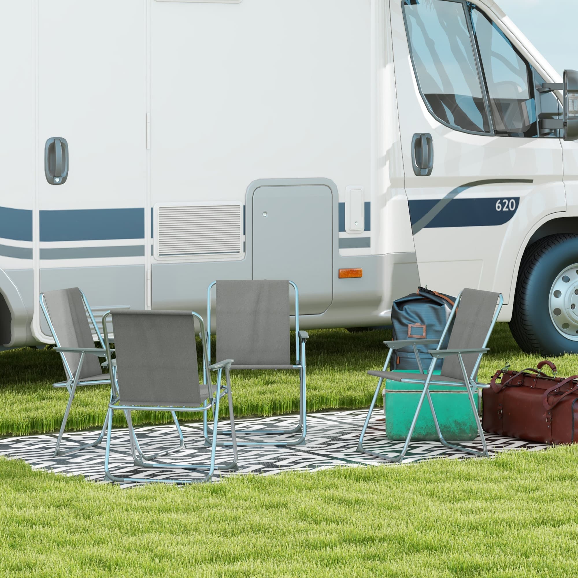 Outsunny Portable Patio Perfection: 4-Pack Folding Camping Chairs with Armrests for Garden Backyard, Grey Finish | Aosom Canada